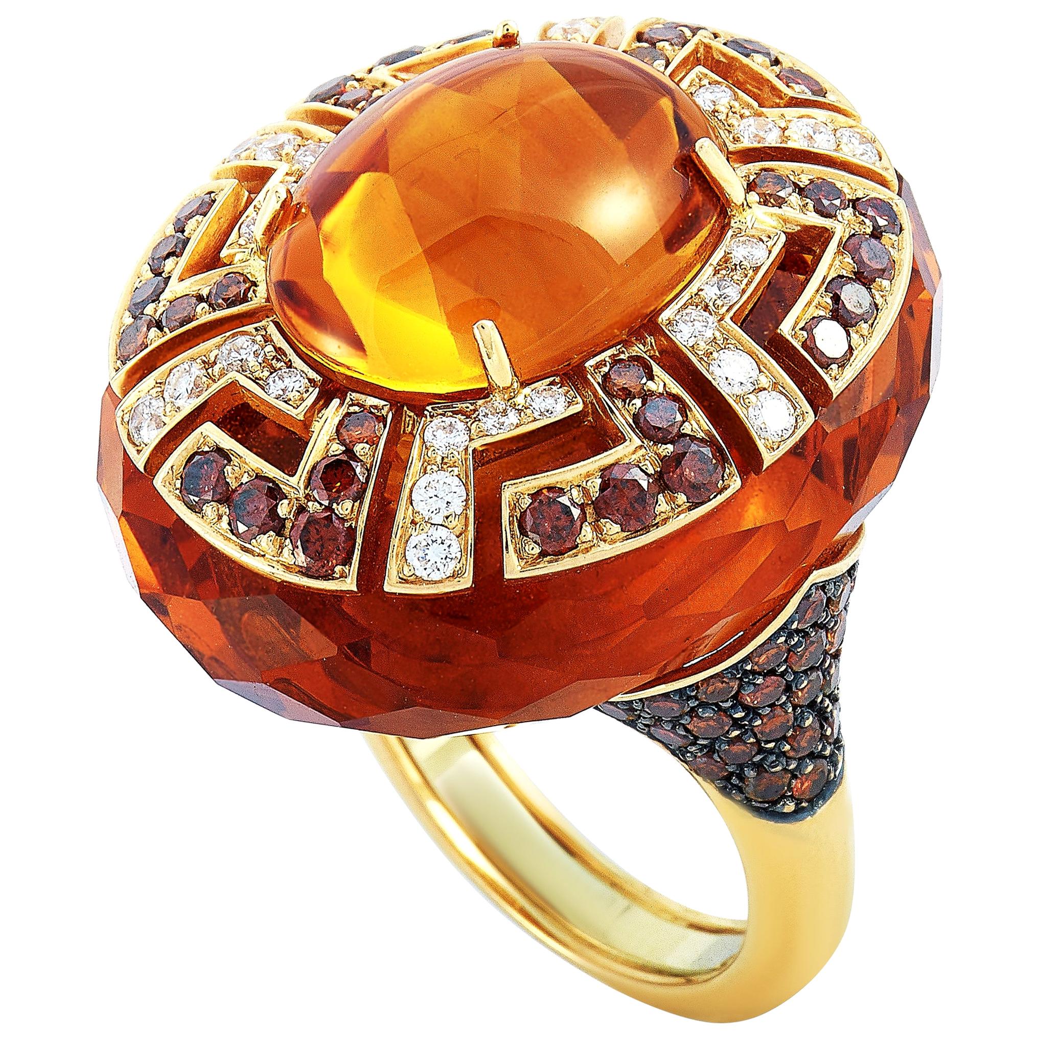 Oro Trend 18 Karat Gold 2.20 Carat White/Brown Diamond and Citrine Dome Ring