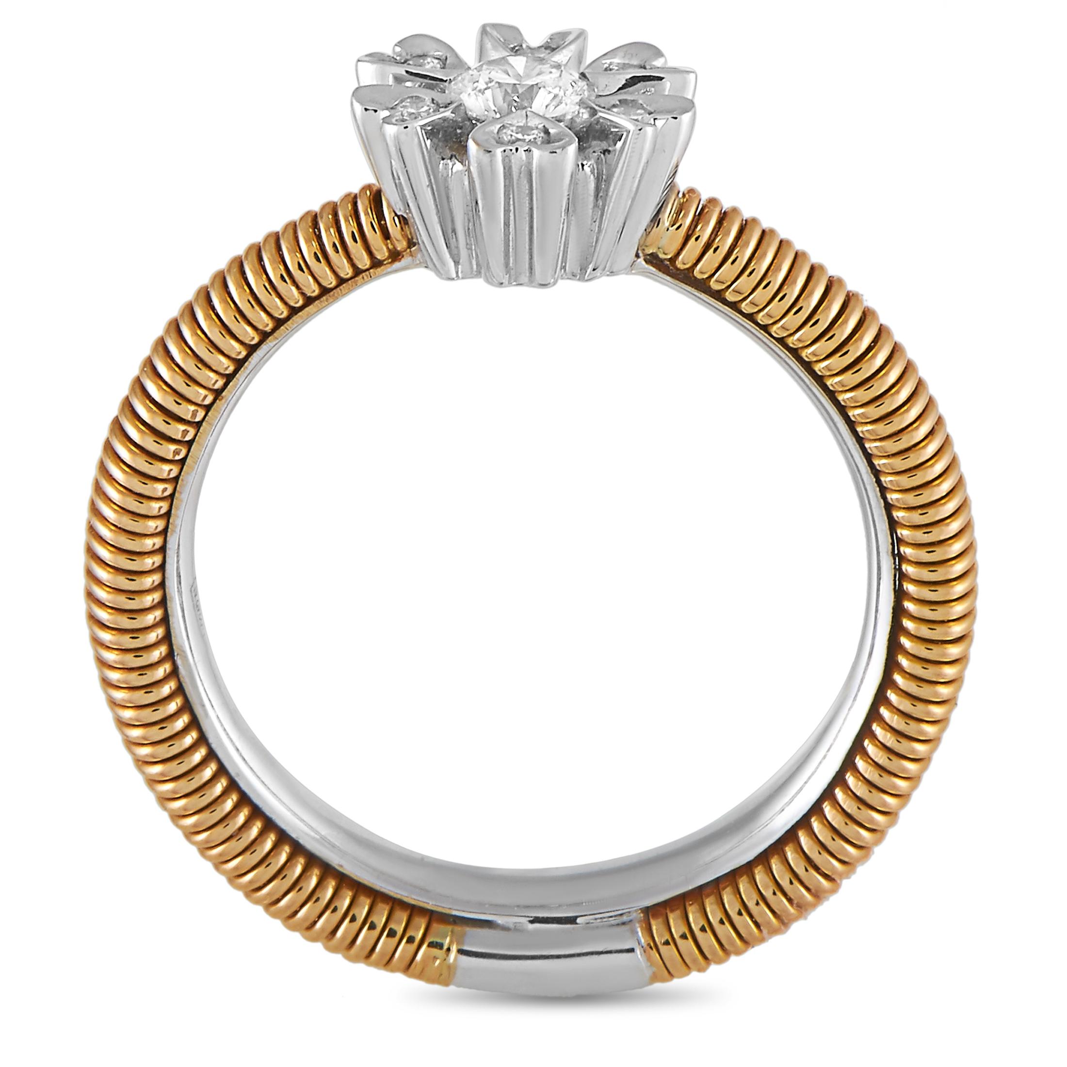 This Oro Trend ring is made out of 18K rose and white gold and weighs 7 grams, boasting band thickness of 3 mm and top height of 5 mm, while top dimensions measure 8 by 8 mm. The ring is embellished with diamonds that amount to 0.28 carats.

Offered