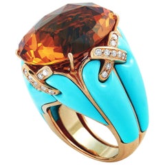 Oro Trend 18 Karat Rose Gold 0.51 Carat Diamond, Citrine and Turquoise Dome Ring