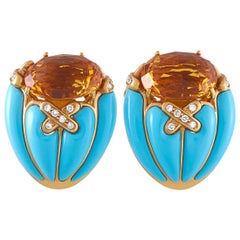 Oro Trend 18 Karat Rose Gold 0.55 Carat Diamond Turquoise and Citrine Earrings