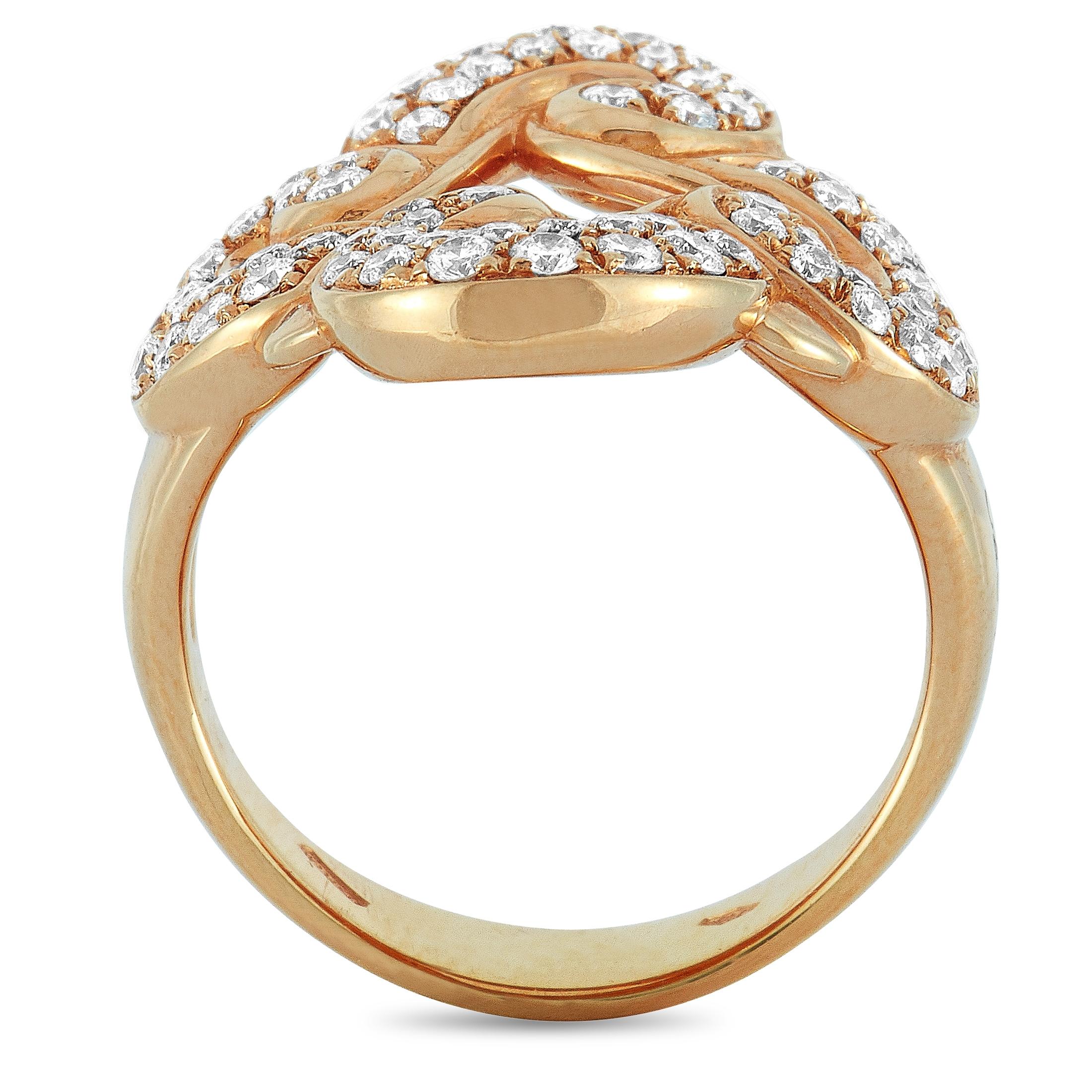 This Oro Trend ring is crafted from 18K rose gold and embellished with diamonds that amount to 0.91 carats. The ring weighs 9.3 grams and boasts band thickness of 6 mm and top height of 3 mm, while top dimensions measure 21 by 22 mm.
 
 Offered in