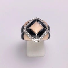Oro Trend 18 Karat White Gold, .85 Carat Diamond, Black Onyx and Pink Coral Ring