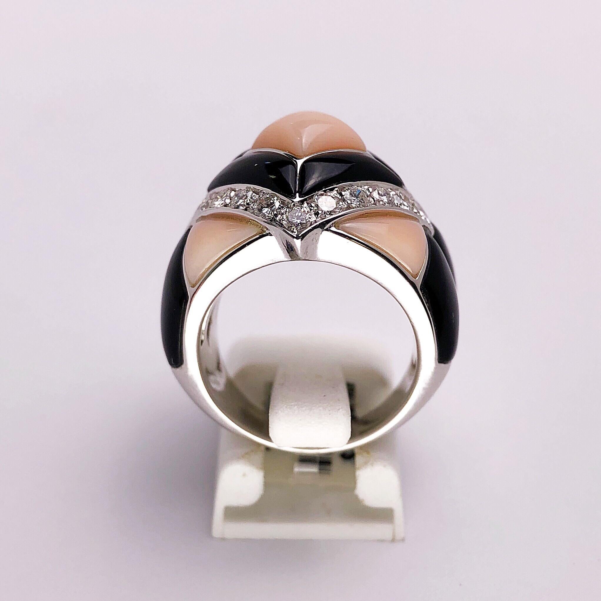 Art Deco Oro Trend 18 Karat White Gold, .85 Carat Diamond, Black Onyx and Pink Coral Ring For Sale