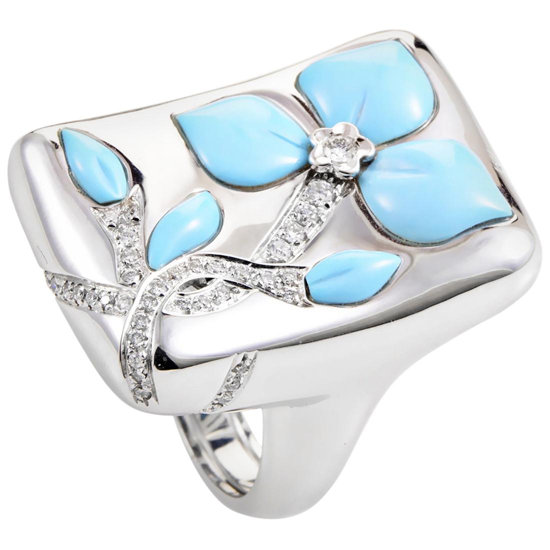 Oro Trend 18 Karat White Gold Diamond and Turquoise Flower Ring