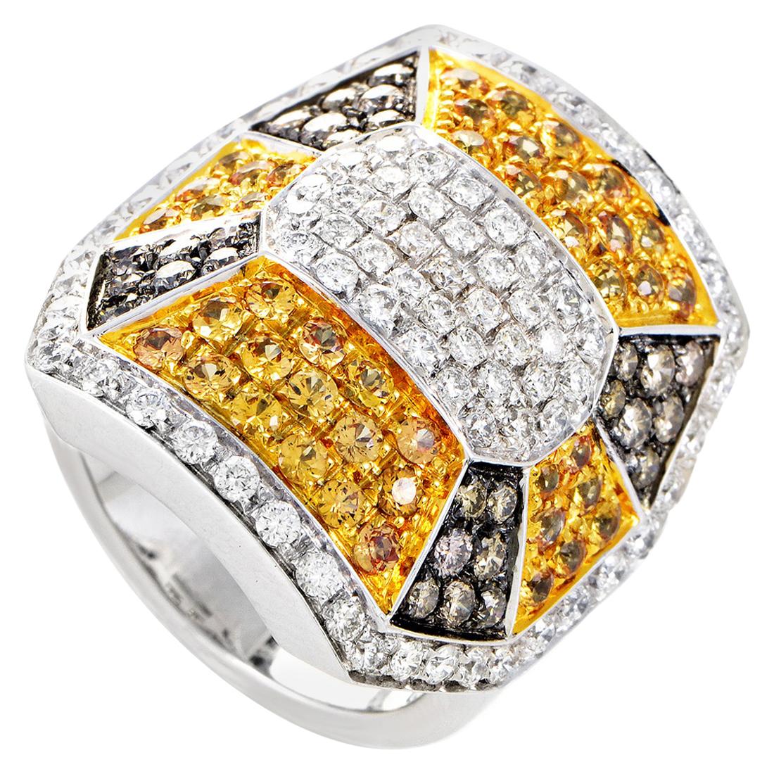 Oro Trend 18 Karat White Gold Diamond and Yellow Sapphire Ring For Sale
