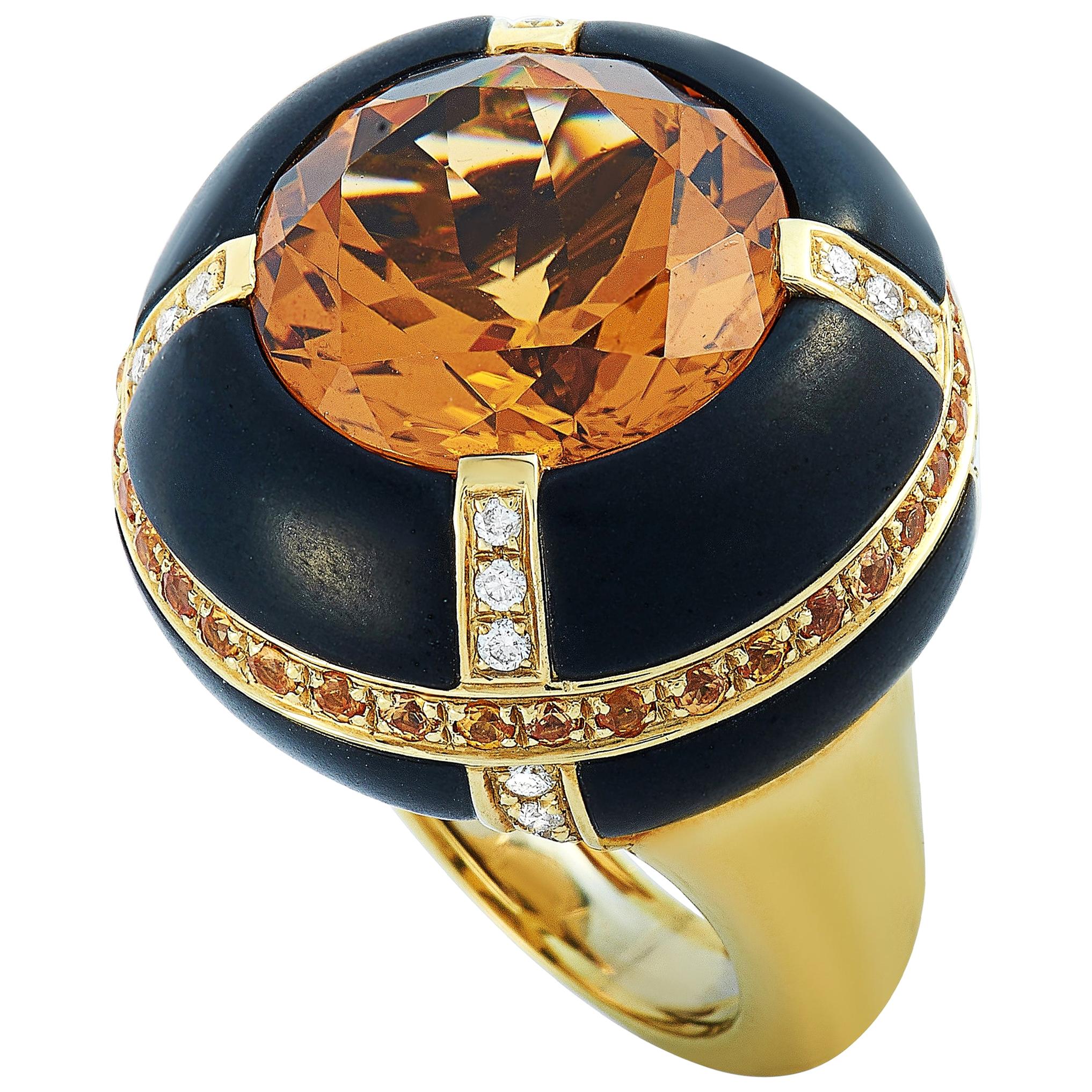 Oro Trend 18 Karat Yellow Gold 0.37 Carat Diamond Citrine and Sapphire Dome Ring