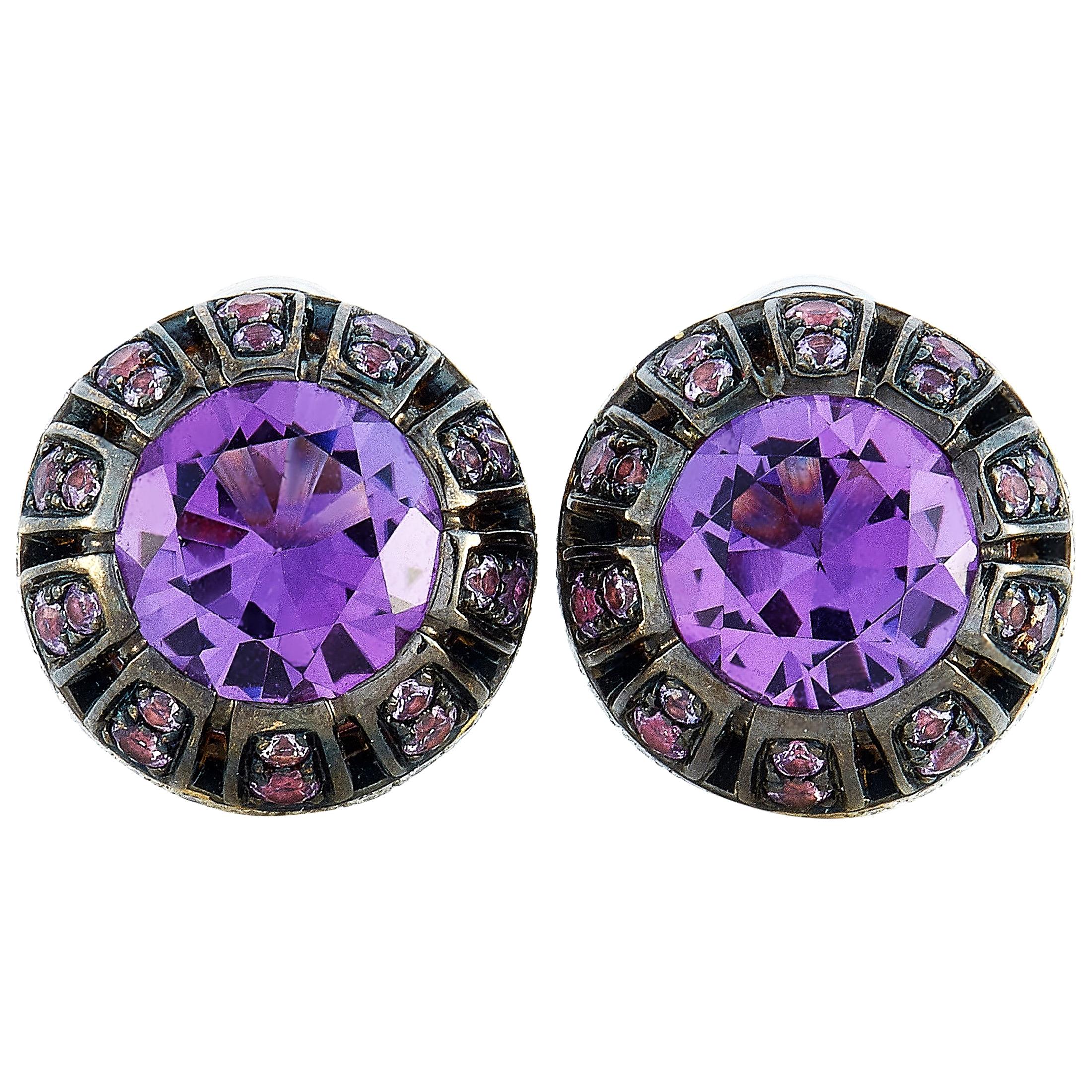 Oro Trend 18k Gold 0.45 Carat Diamond, Amethyst and Purple Sapphire Earrings