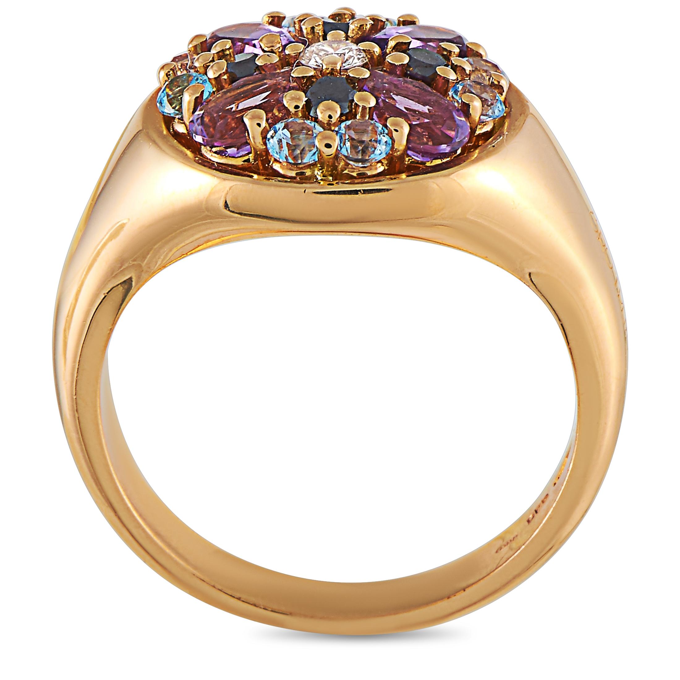 This Oro Trend ring is made of 18K rose gold and weighs 8.3 grams, boasting band thickness of 5 mm and top height of 5 mm, while top dimensions measure 13 by 14 mm. The ring is embellished with amethysts and topazes, a 0.06 ct white diamond stone,