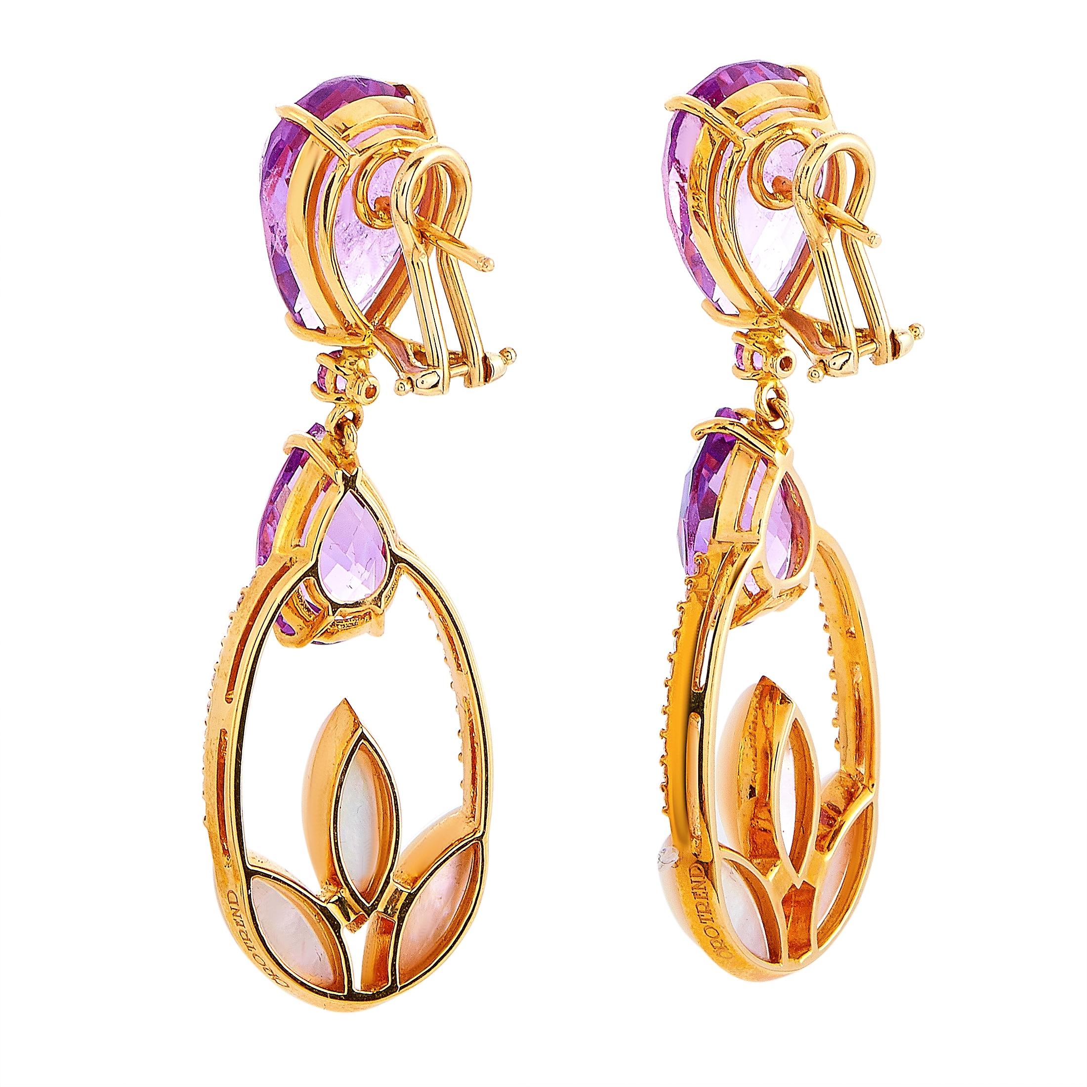 These Oro Trend earrings are crafted from 18K rose gold and each of the two weighs 7.5 grams, measuring 2” in length and 0.65” in width. The earrings are embellished with mother of pearl, amethysts, and a total of 0.35 carats of diamonds.
 
 The