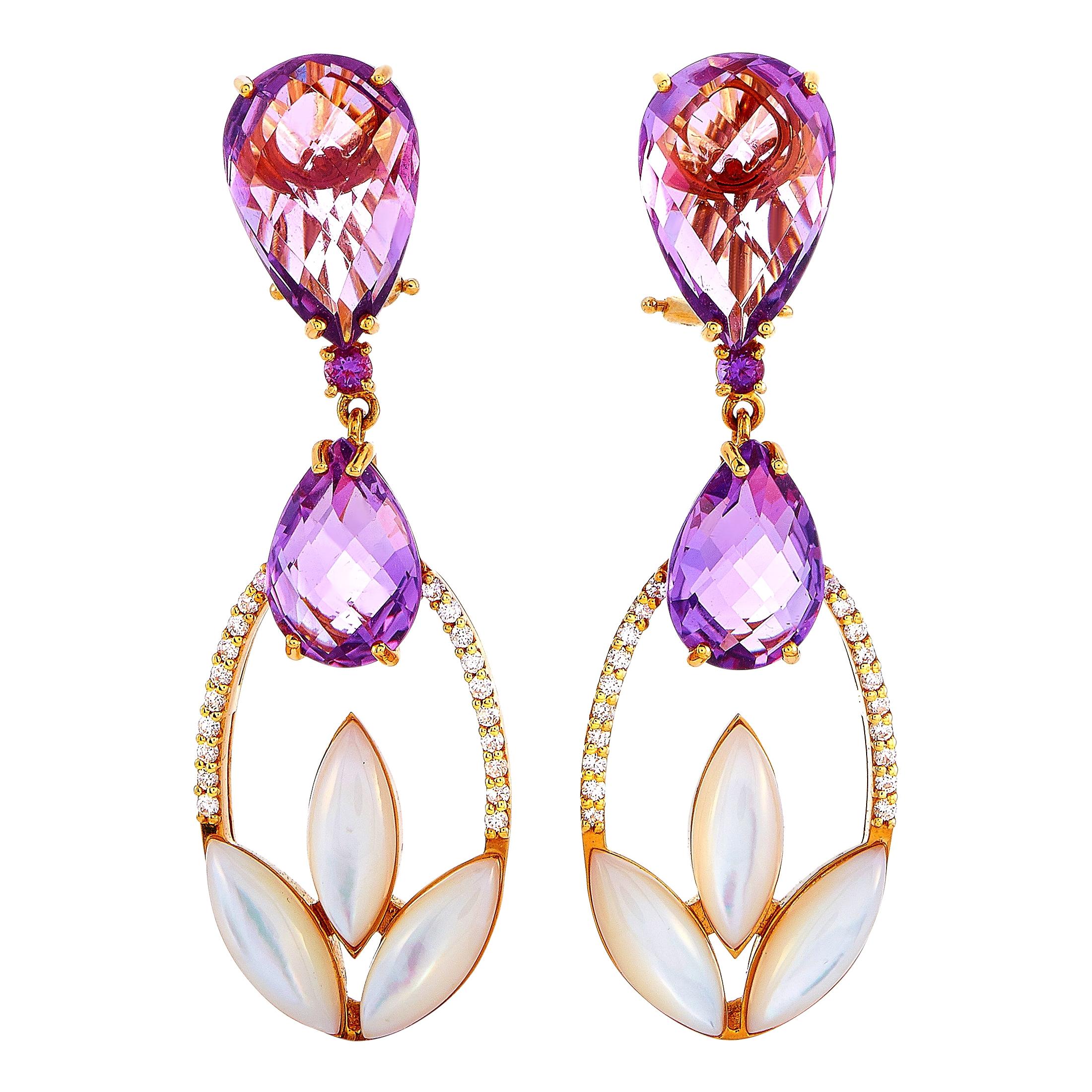 Oro Trend 18K Rose Gold 0.35 ct Diamond, Amethyst and Mother of Pearl Earrings
