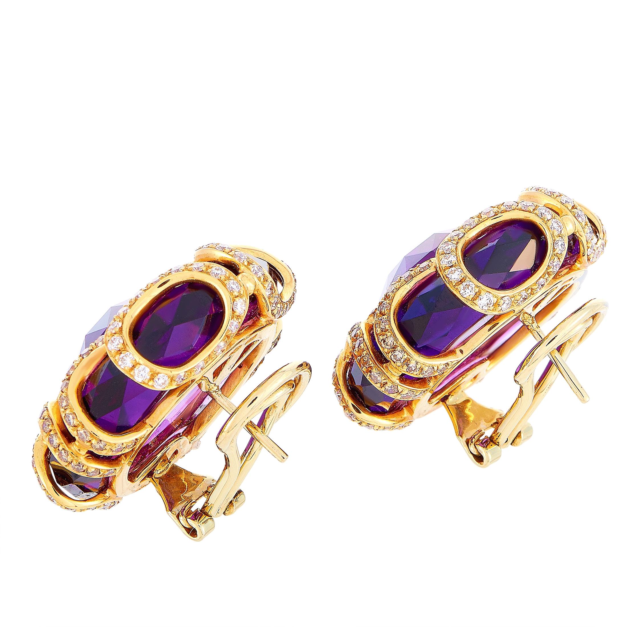 These Oro Trend earrings are crafted from 18K rose gold and each of the two weighs 19.8 grams, measuring 1.25” in length and 1.25” in width. The earrings are embellished with amethysts and with white and brown diamonds that total 1.13 and 1.32