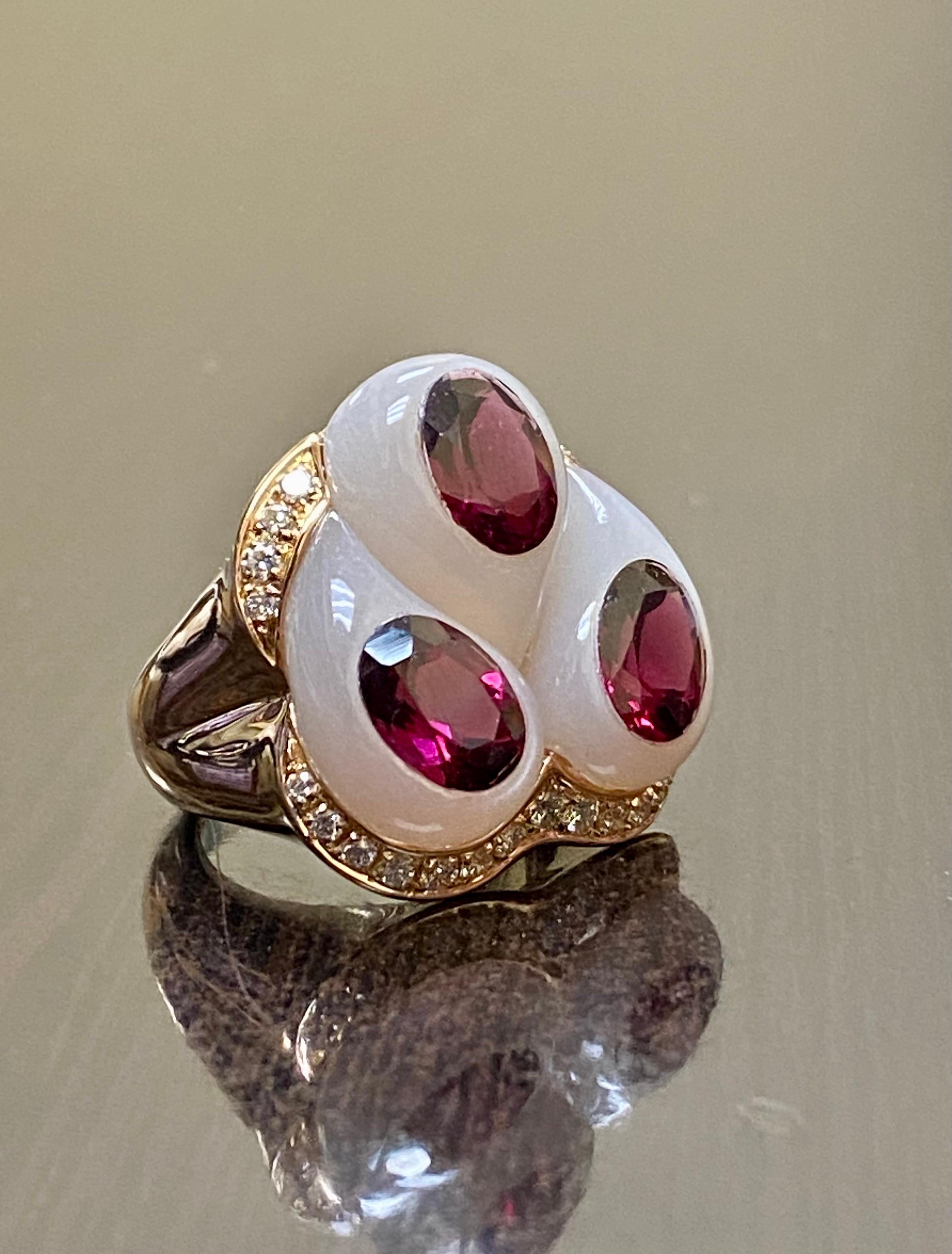 Oro Trend 18K Rose Gold Carved Jade Rubelite Diamond Cocktail Ring 6