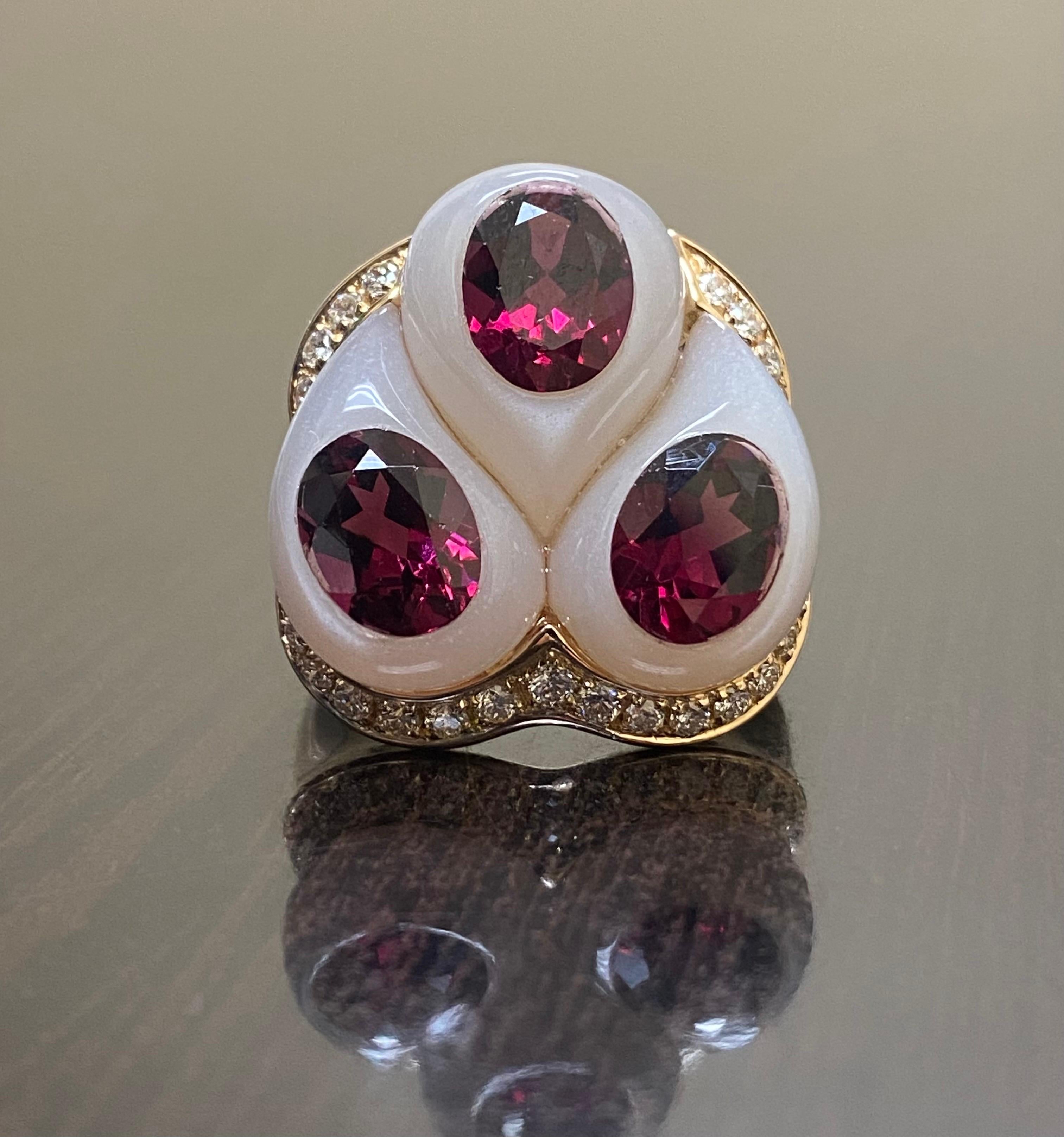 Rose Cut Oro Trend 18K Rose Gold Carved Jade Rubelite Diamond Cocktail Ring For Sale