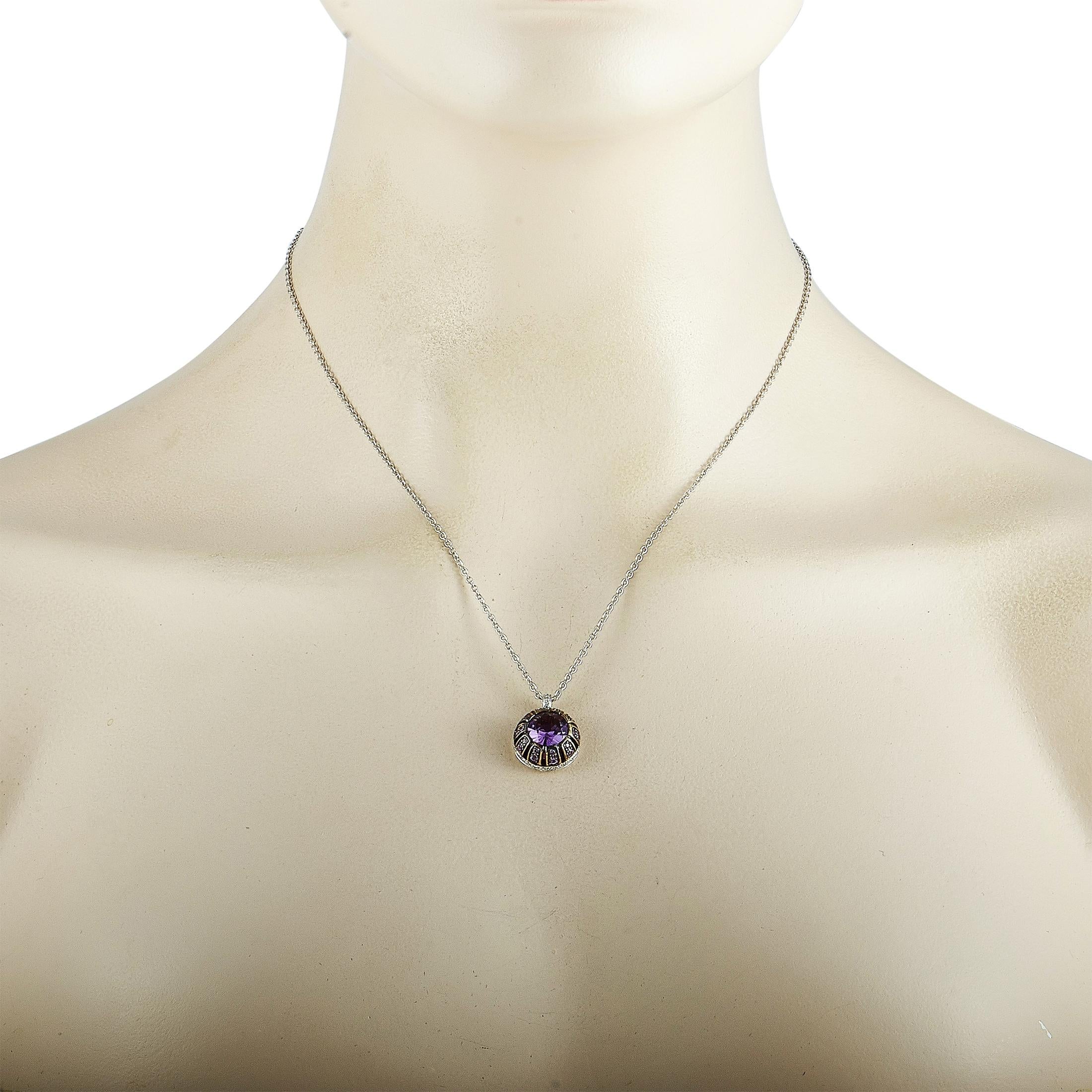 This Oro Trend necklace is crafted from 18K white gold and set with an amethyst, a total of 0.23 carats of diamonds, and 0.48 carats of purple sapphires. The necklace weighs 8.9 grams and is presented with a 16” chain, boasting a pendant that