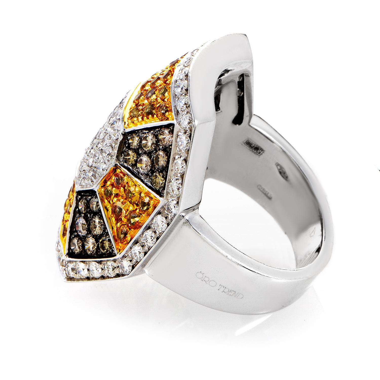 Round Cut Oro Trend 18 Karat White Gold Diamond and Yellow Sapphire Ring For Sale