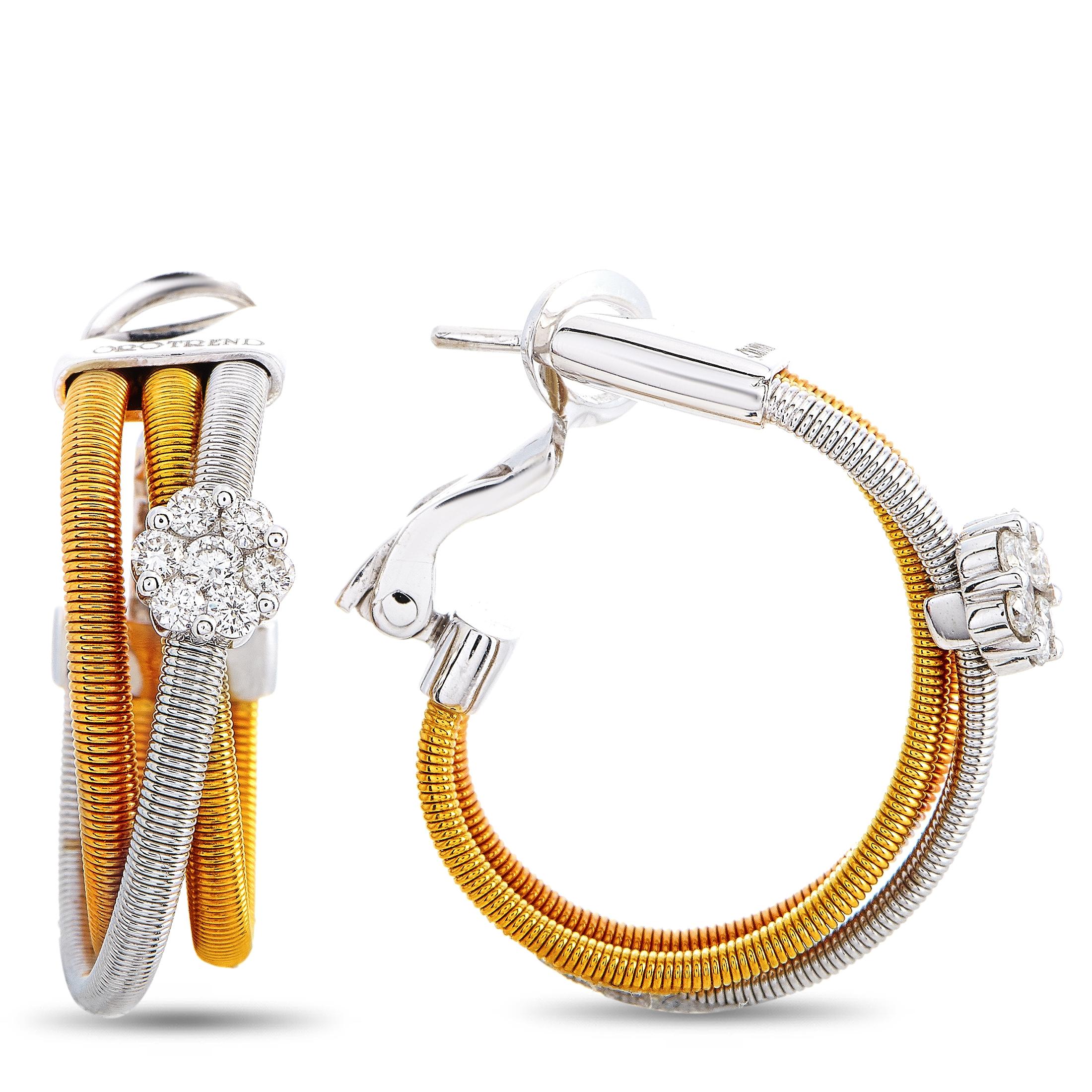 These Oro Trend hoop earrings are made out of 18K white, yellow and rose gold and set with diamonds that total 0.45 carats. The earrings measure 1” in length and 0.37” in width and each of the two weighs 8.5 grams.
 
 The pair is offered in brand