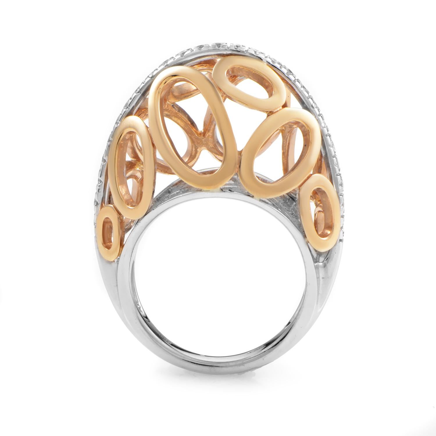 Gorgeous and golden are the perfect words to describe this vivacious ring from Italian brand Oro Trend. The ring is made primarily of 18K white gold and features rose gold oval-shaped accents. Lastly, .40ct of white diamonds add a sublime shine to