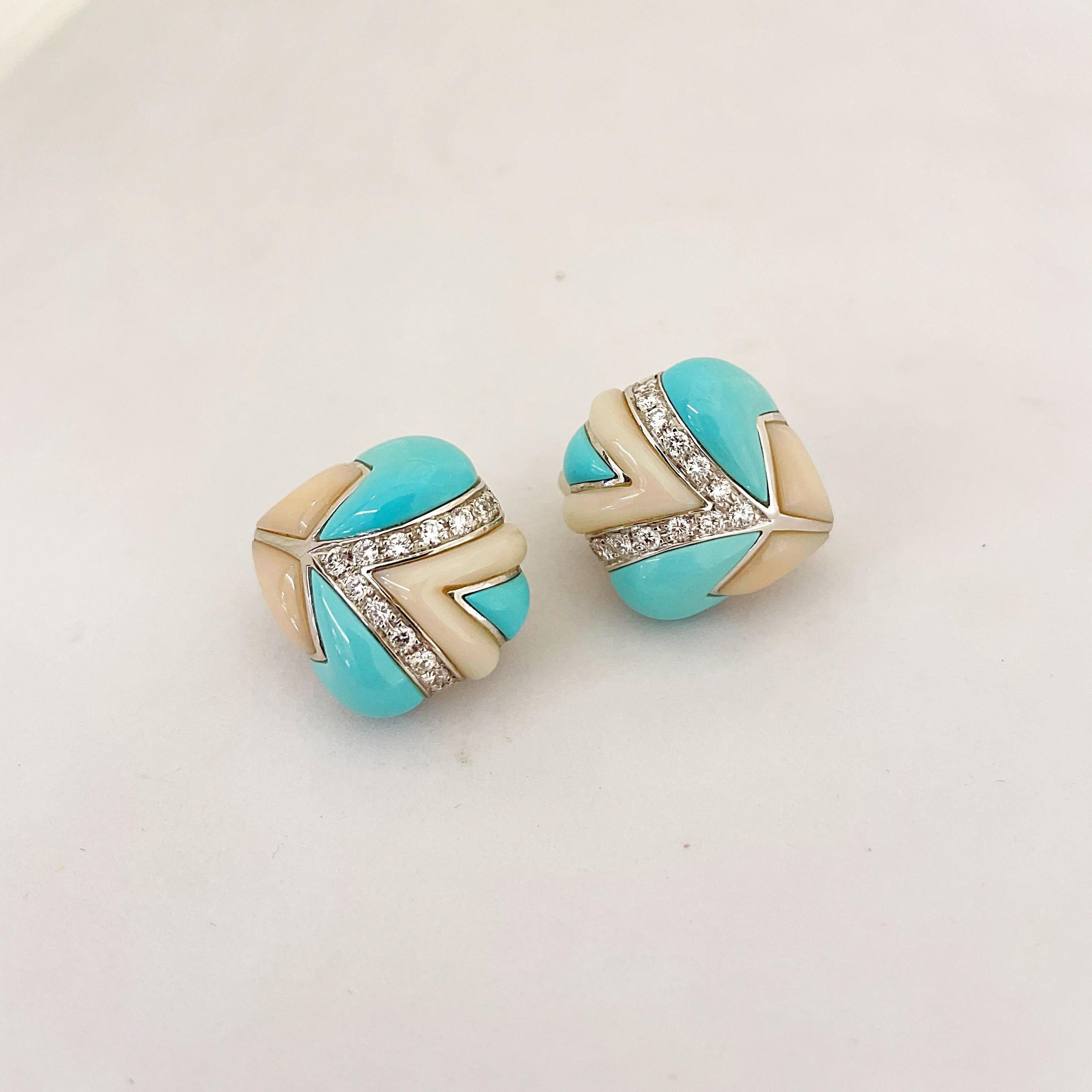 Art Deco Oro Trend for Cellini 18 Karat White Gold Turquoise, Coral and Diamond Earrings
