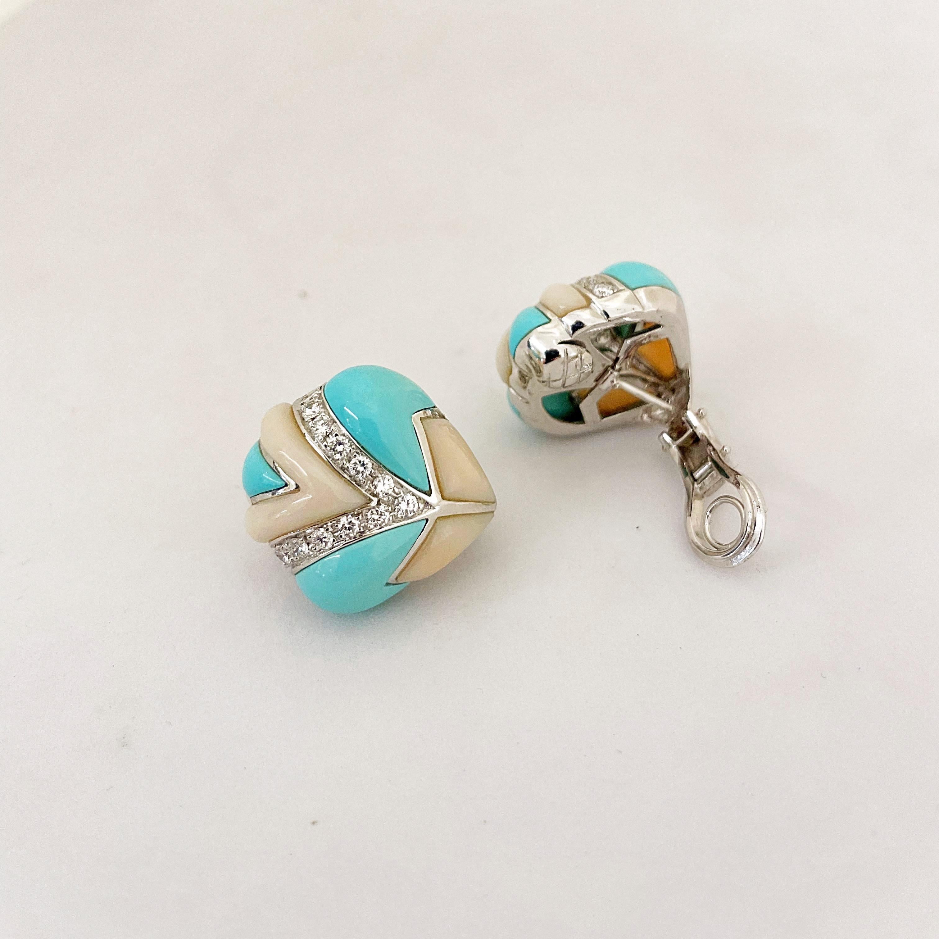 Round Cut Oro Trend for Cellini 18 Karat White Gold Turquoise, Coral and Diamond Earrings