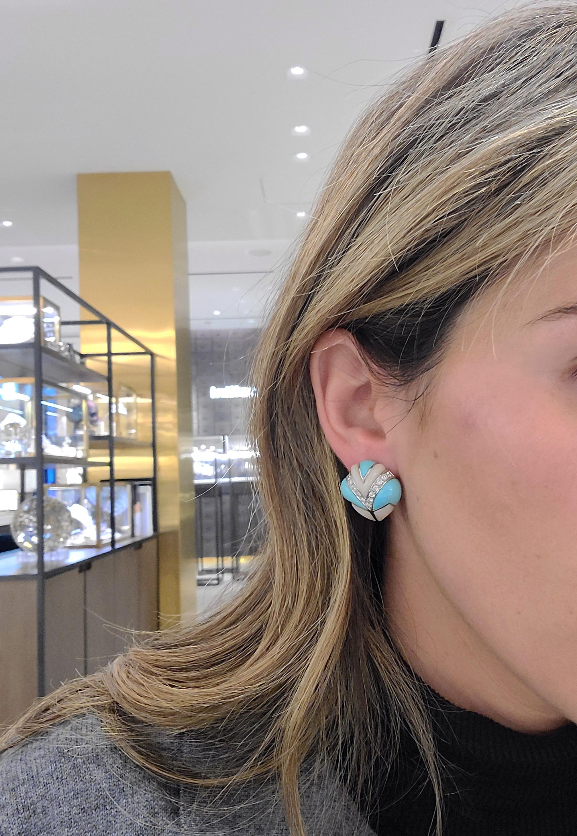 Oro Trend for Cellini 18 Karat White Gold Turquoise, Coral and Diamond Earrings In New Condition In New York, NY