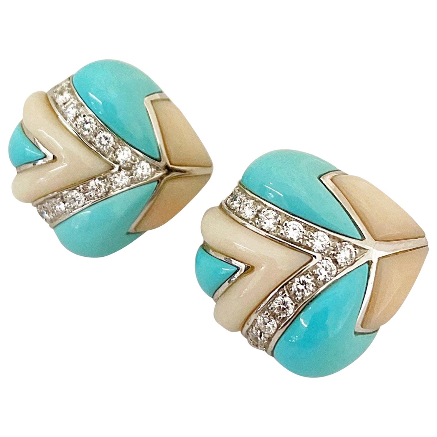 Oro Trend for Cellini 18 Karat White Gold Turquoise, Coral and Diamond Earrings