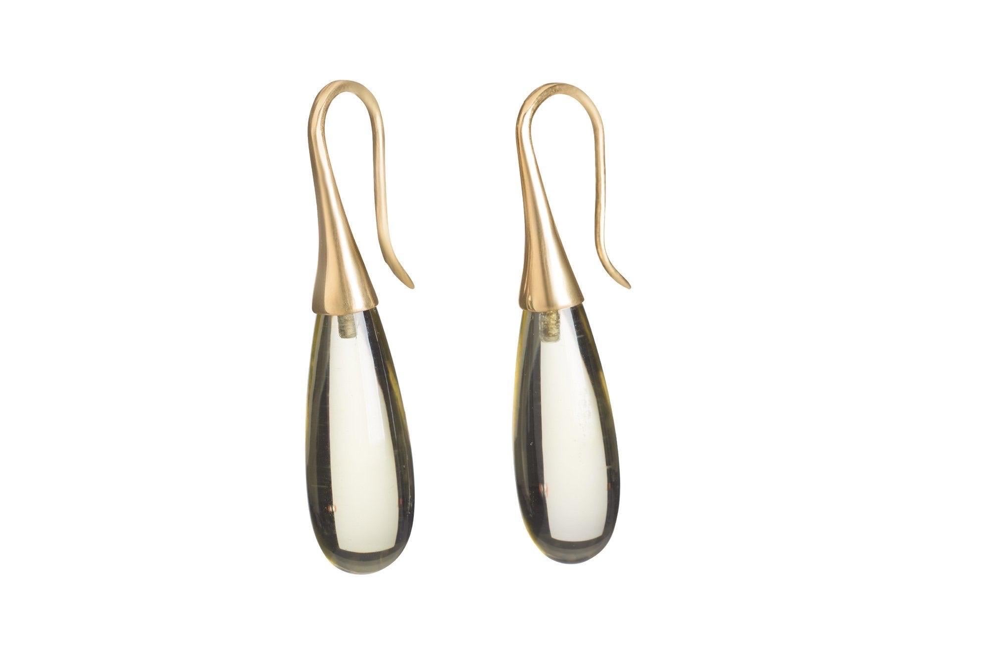 Oro Verdi quartz, elongated smooth long drops exude a quiet elegance capped with gabrielle's classic 18k cone cap earwire.