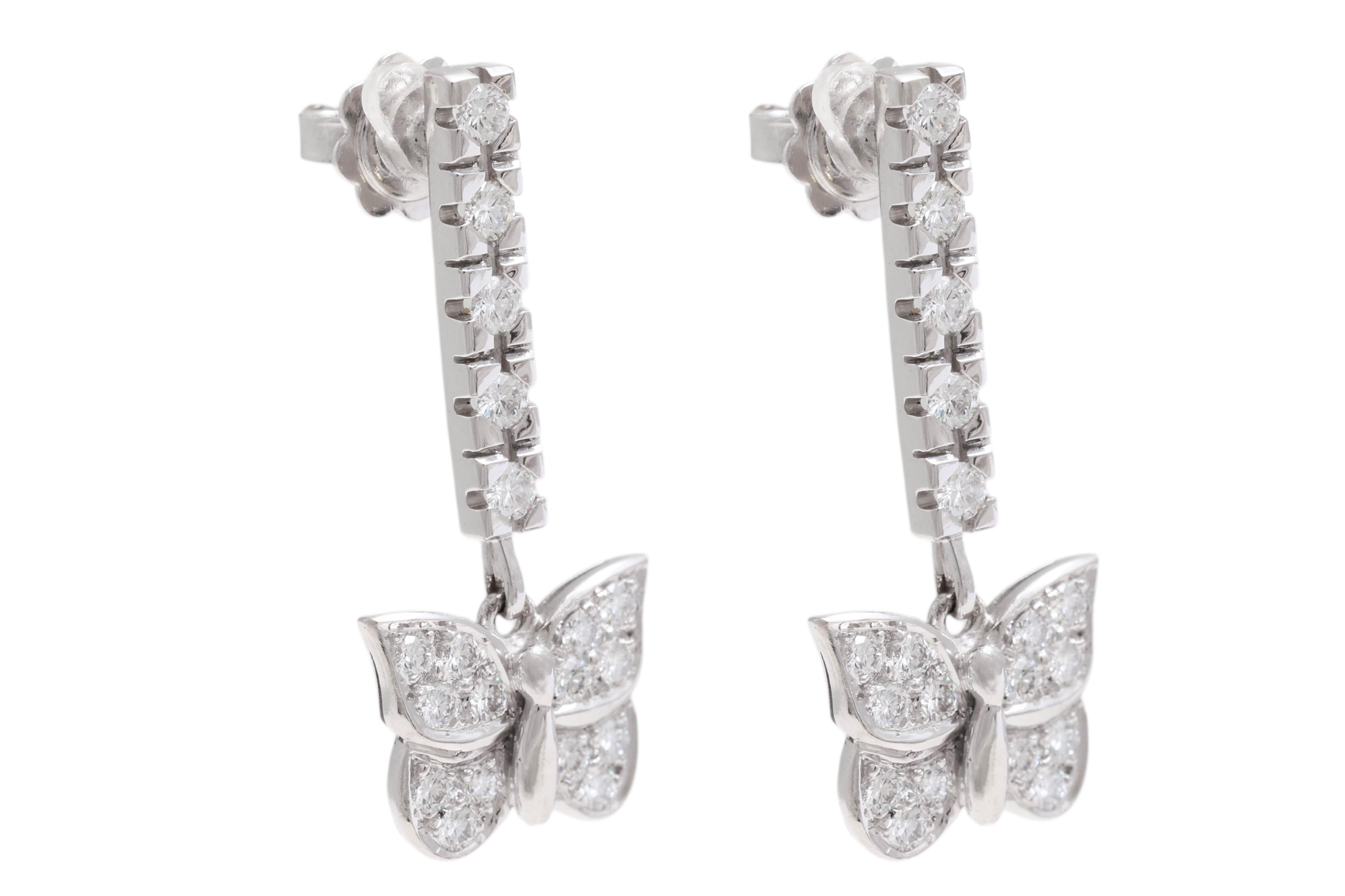WHITE GOLDEN DIAMONDS BUTTERFLIES EARRINGS 

MATERIAL: 18 kt white gold

SIZE: Total Length 31 mm

DIAMONDS: brilliant cut diamonds together ca. 1.06 cts

Total Weight : 8.2 Gram