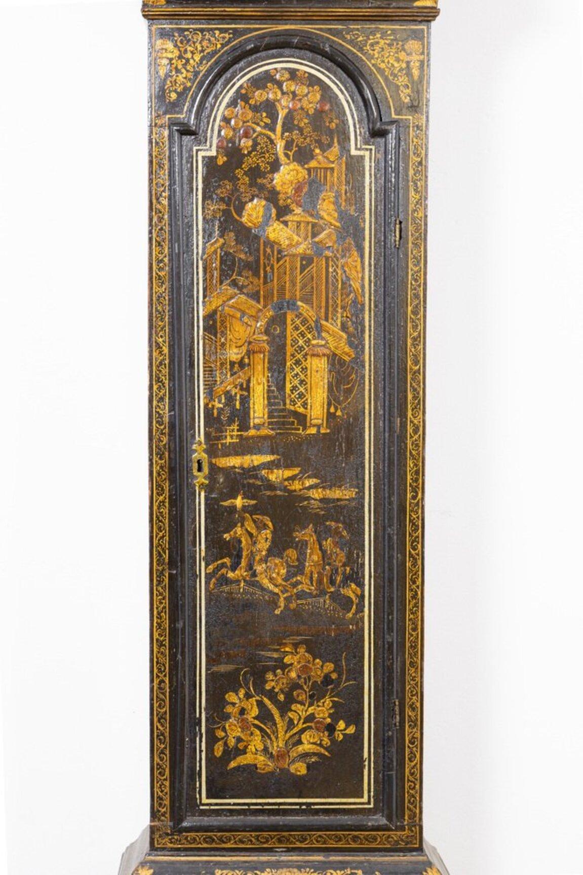 Orologio a pendolo modello Morbier inglese XVII secolo laccato con chinoiserie in vendita 7