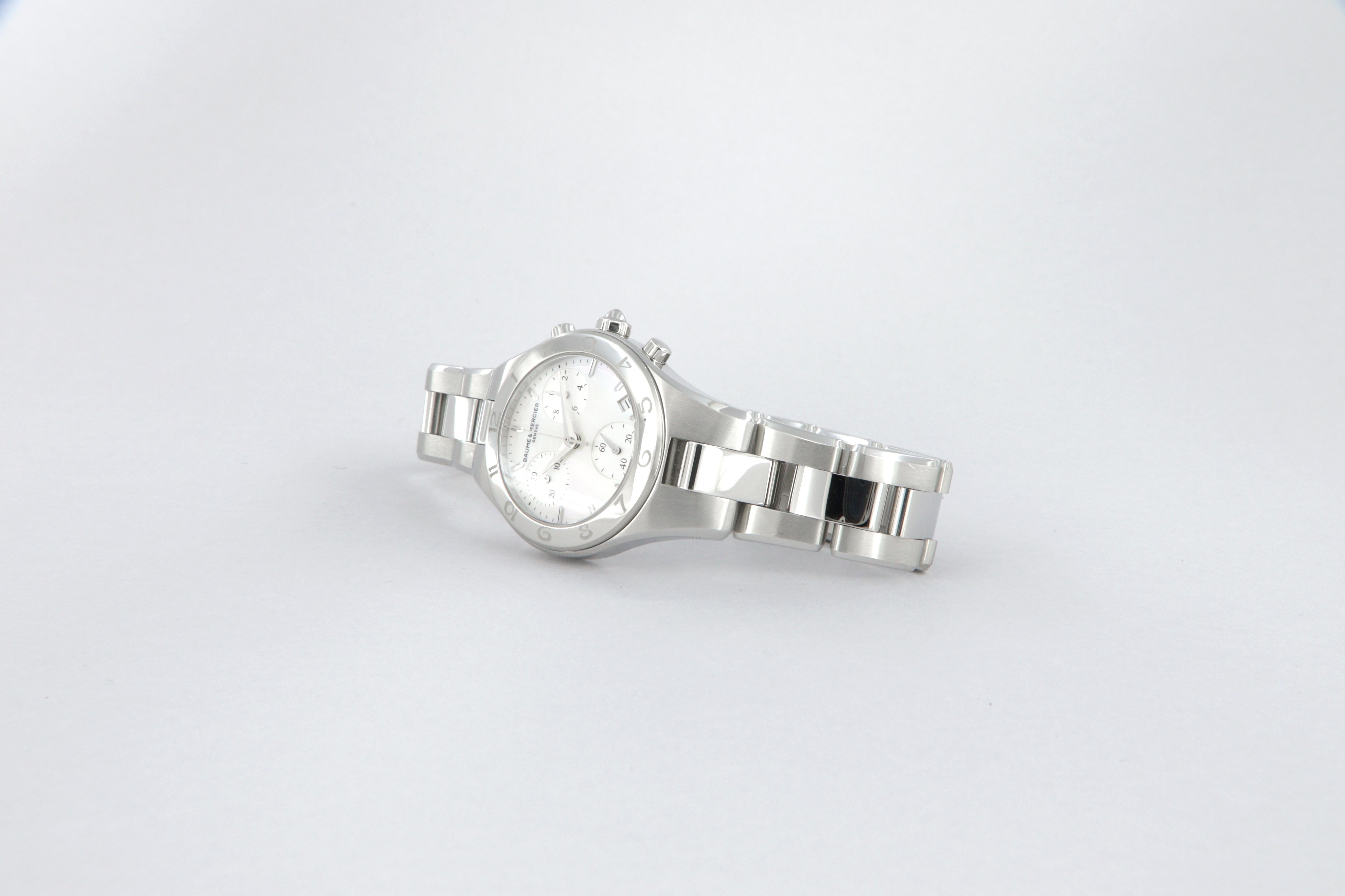 Contemporary Baume Mercier Linea quartz chronograph steel watch new MOA10012 For Sale