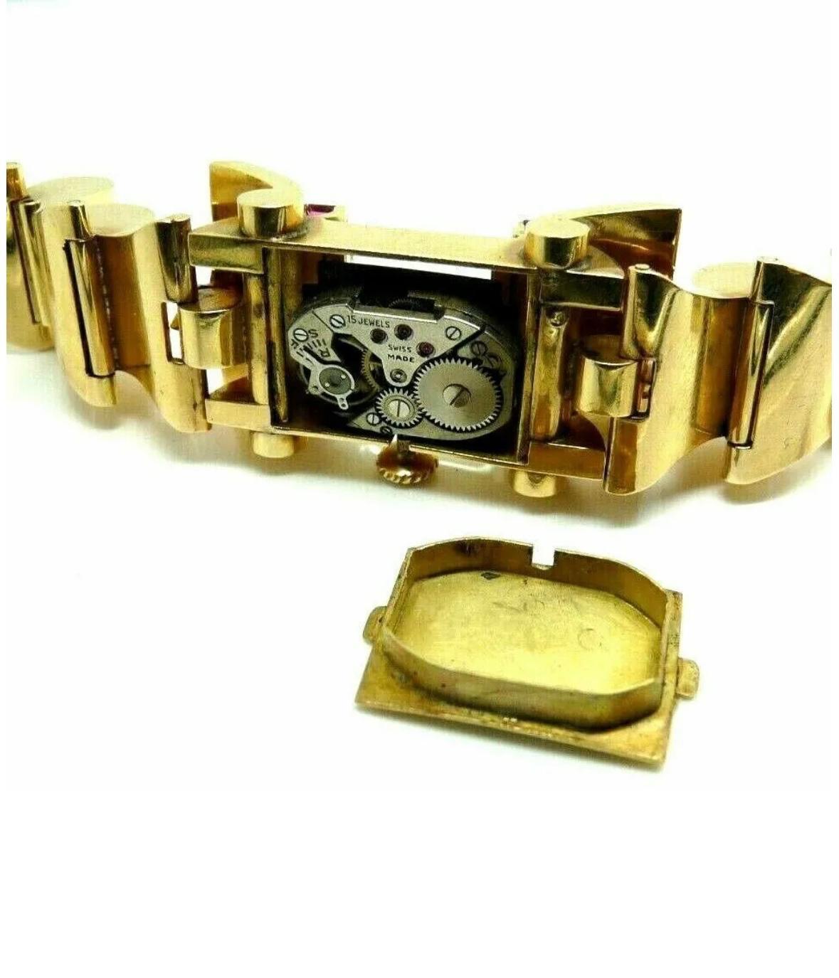 Baguette Cut Art Deco style antique women's watch in 18k solid gold with rubies For Sale