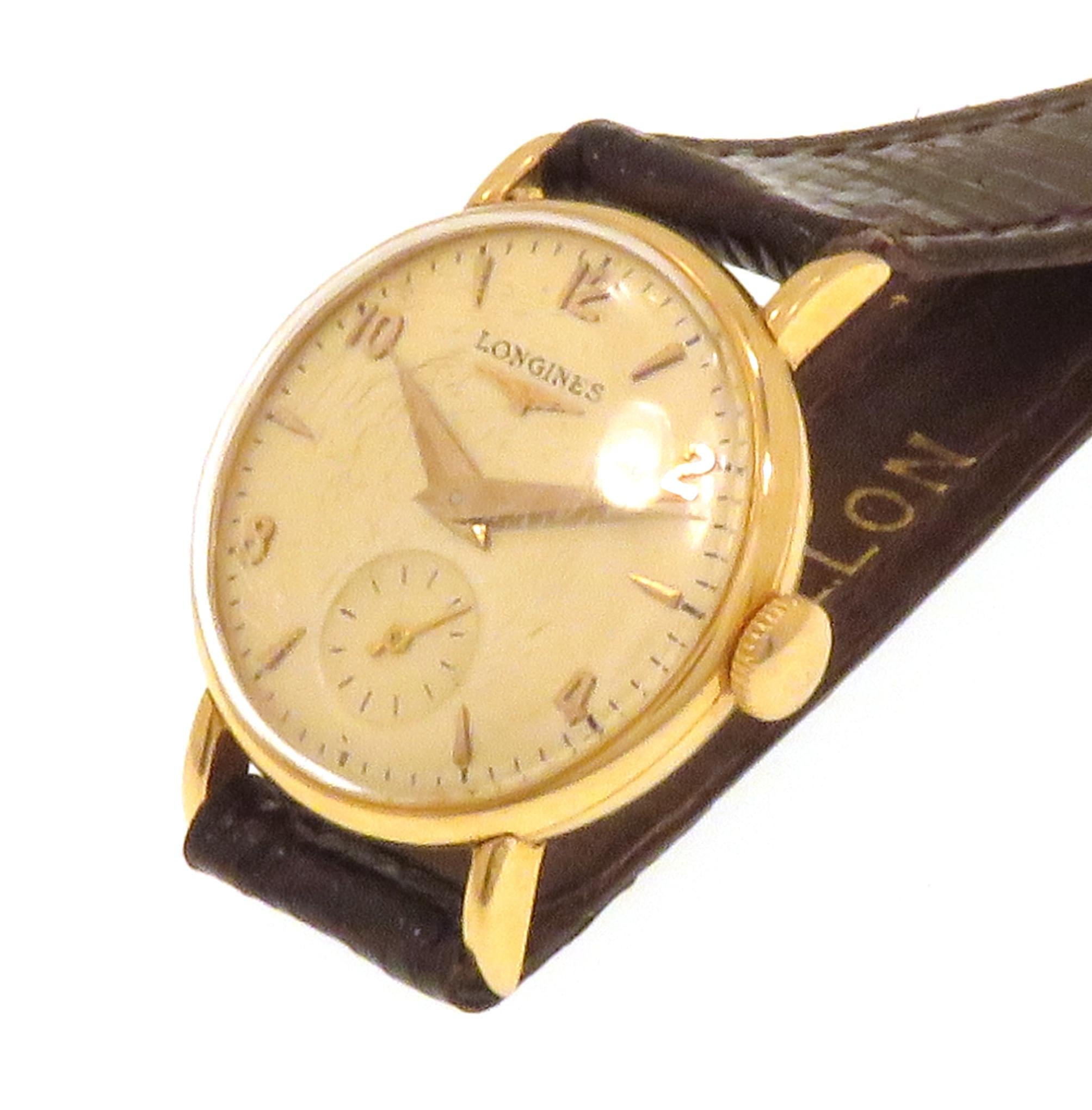 Retro Longines 18k Yellow Gold Wrist Watch with Leather Strap