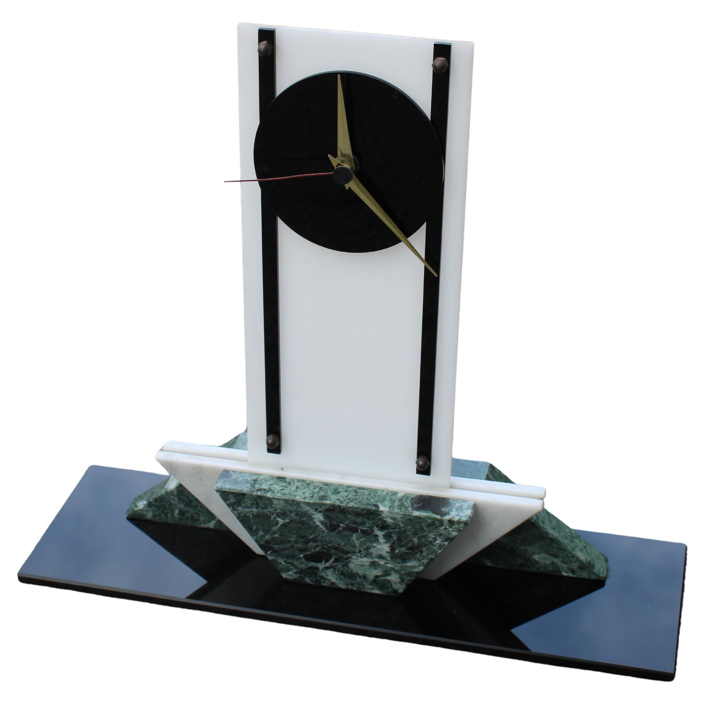 Art Deco Plexiglass Marble and Black Glass Table Clock