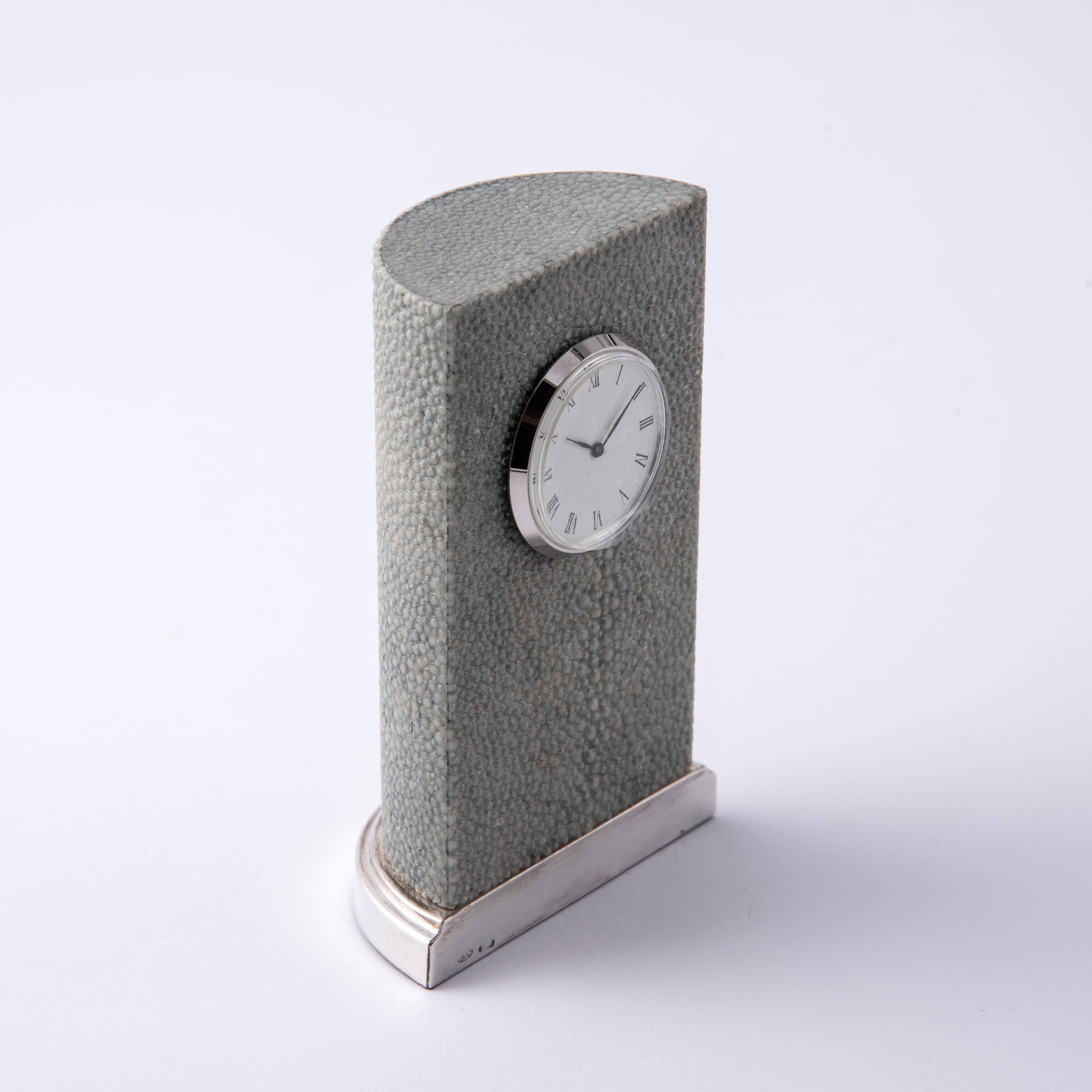 Hand-Crafted Sage Green Shagreen Table Clock  Design Inspired by Romanesque Columns For Sale