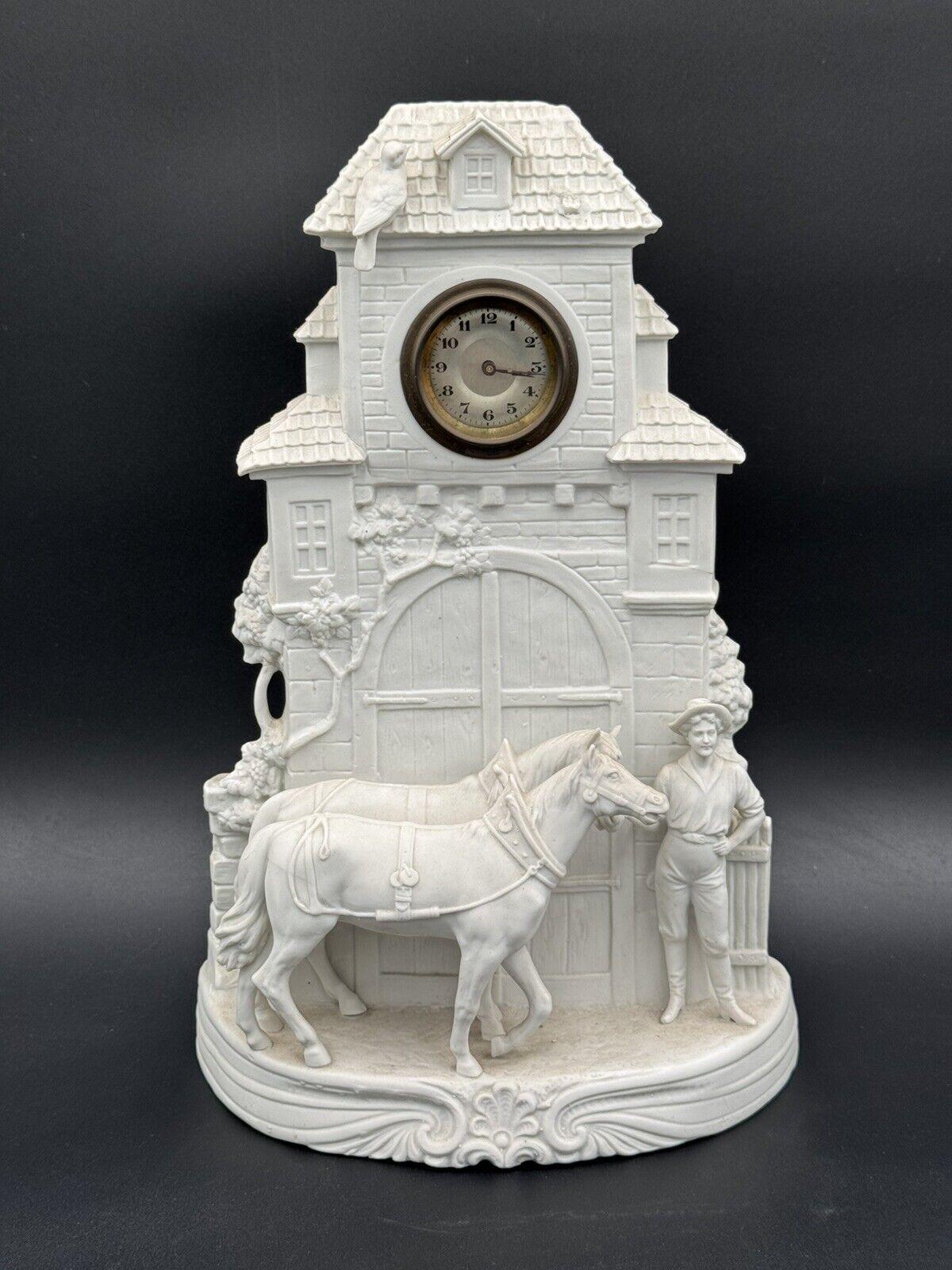 This is no ordinary clock, this is one of the rarest table clocks ever made in France around the turn of the 20th century.

Structure made entirely of biscuit porcelain, depicting a scene in front of a palace with a coachman and pair of horses.