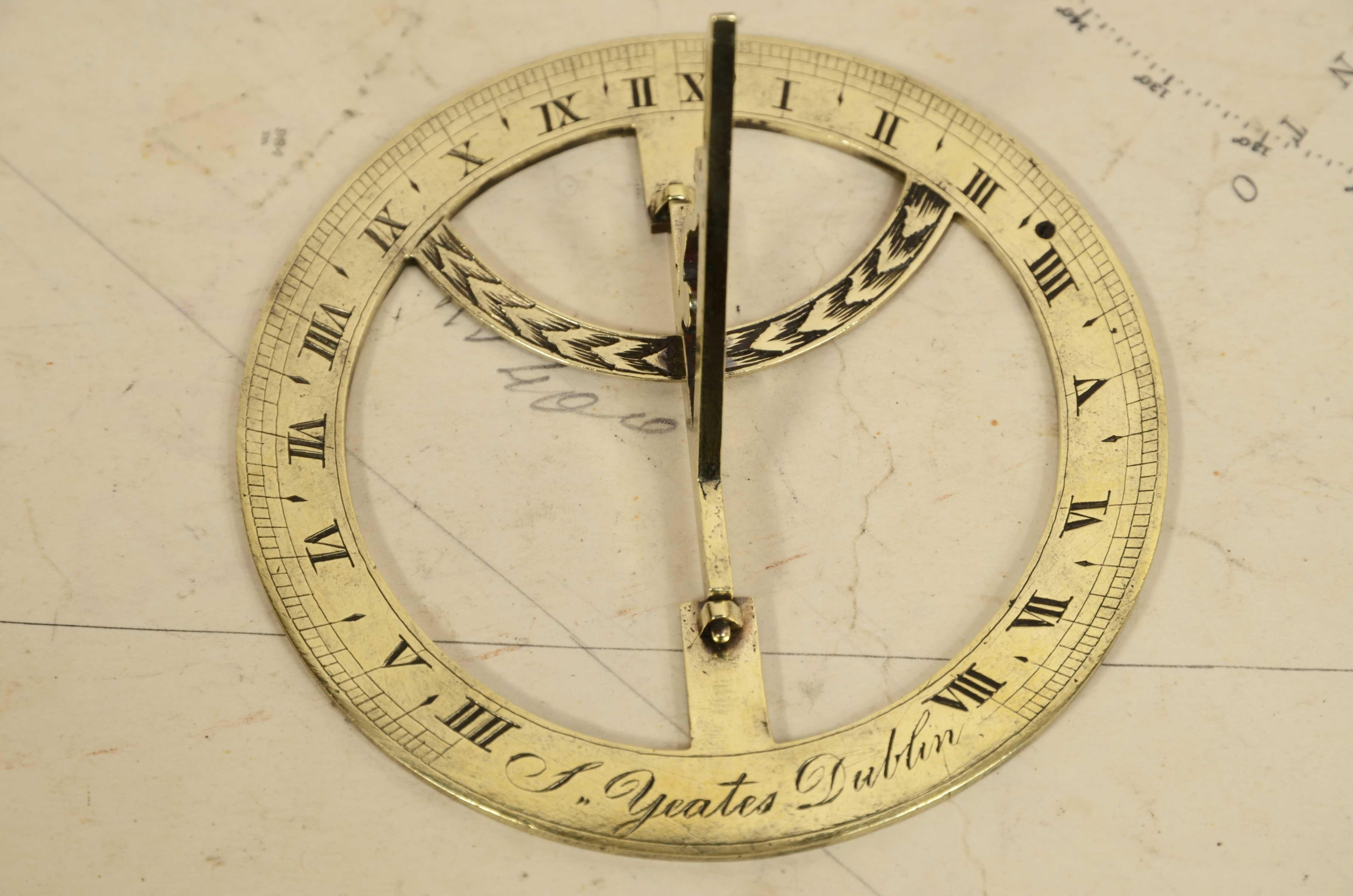 Brass Early 19th century equinoctial sundial clock signed S. Yeates 1762-1834 For Sale