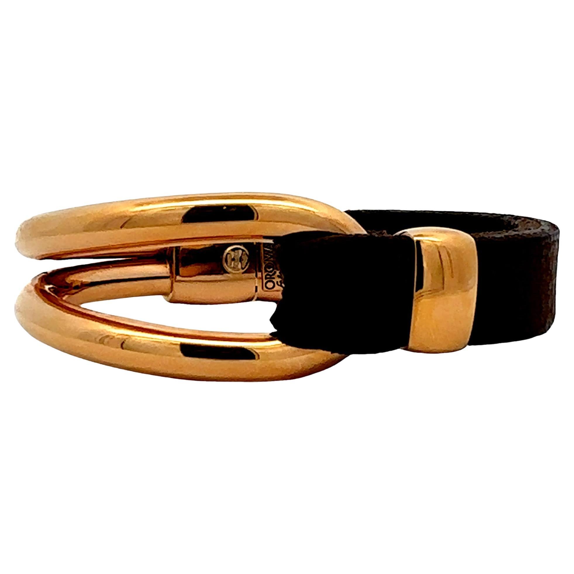 Oromalia 18K Rose Gold and Leather Cuff Bracelet For Sale