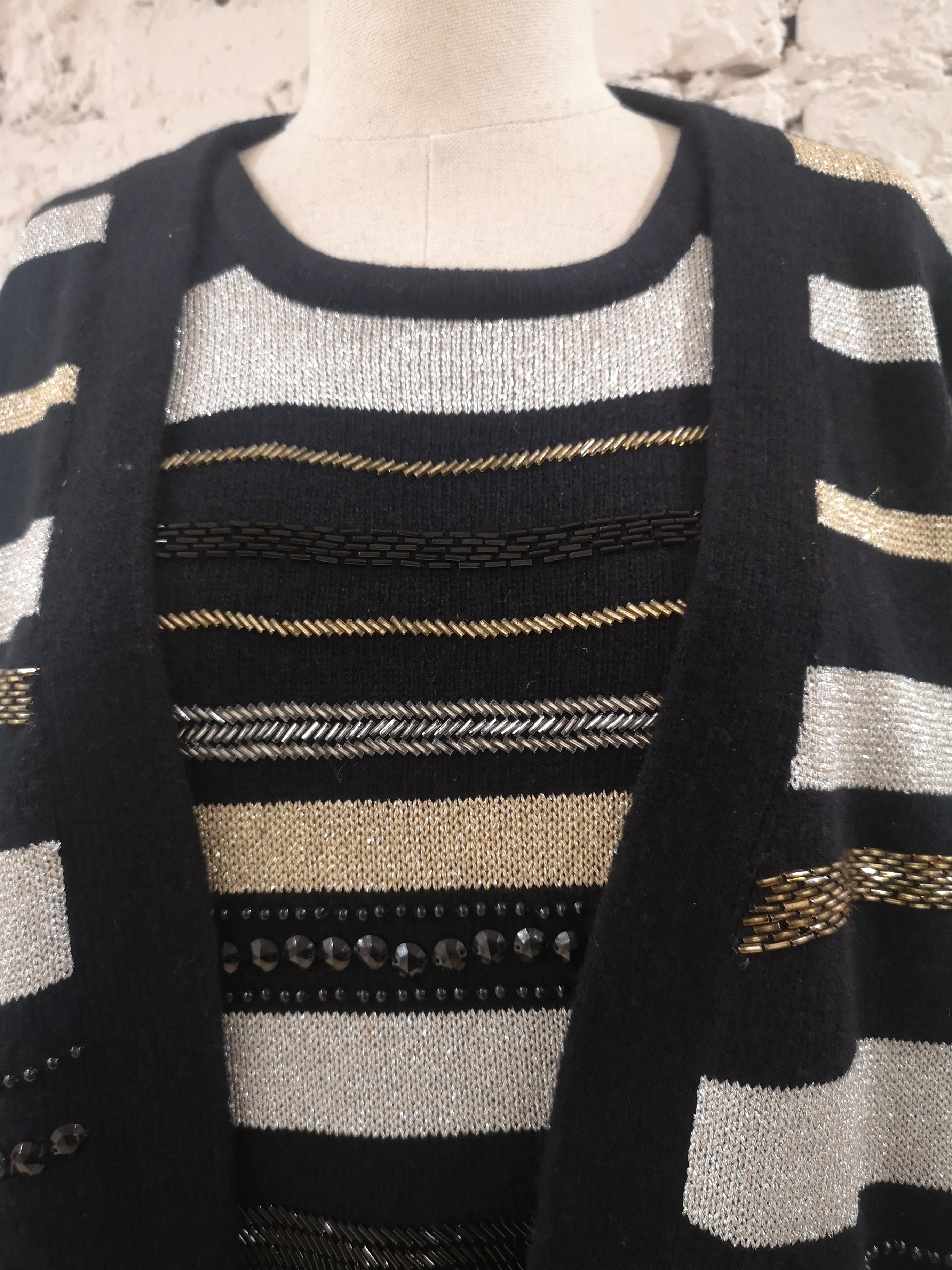 Oronero twin-set shirt and cardigan black gold silver wool In Excellent Condition In Capri, IT