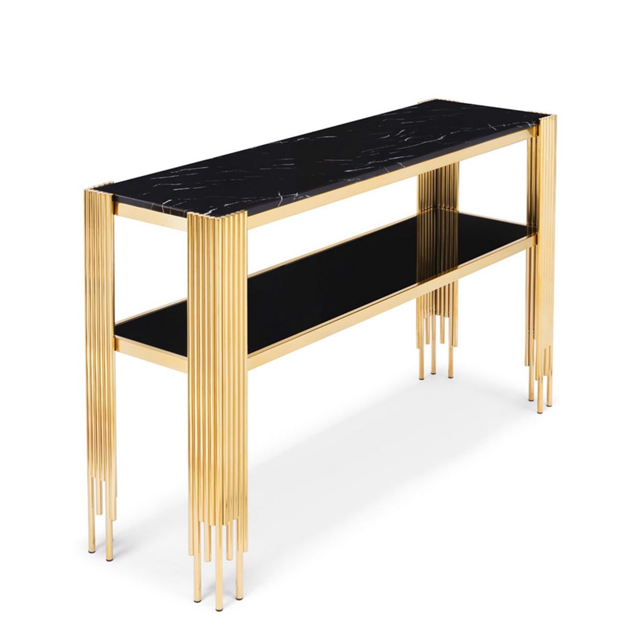 Console Table Ororods with structure 
in steel in gold finish, with black resin marble
top and with black glass bottom top.