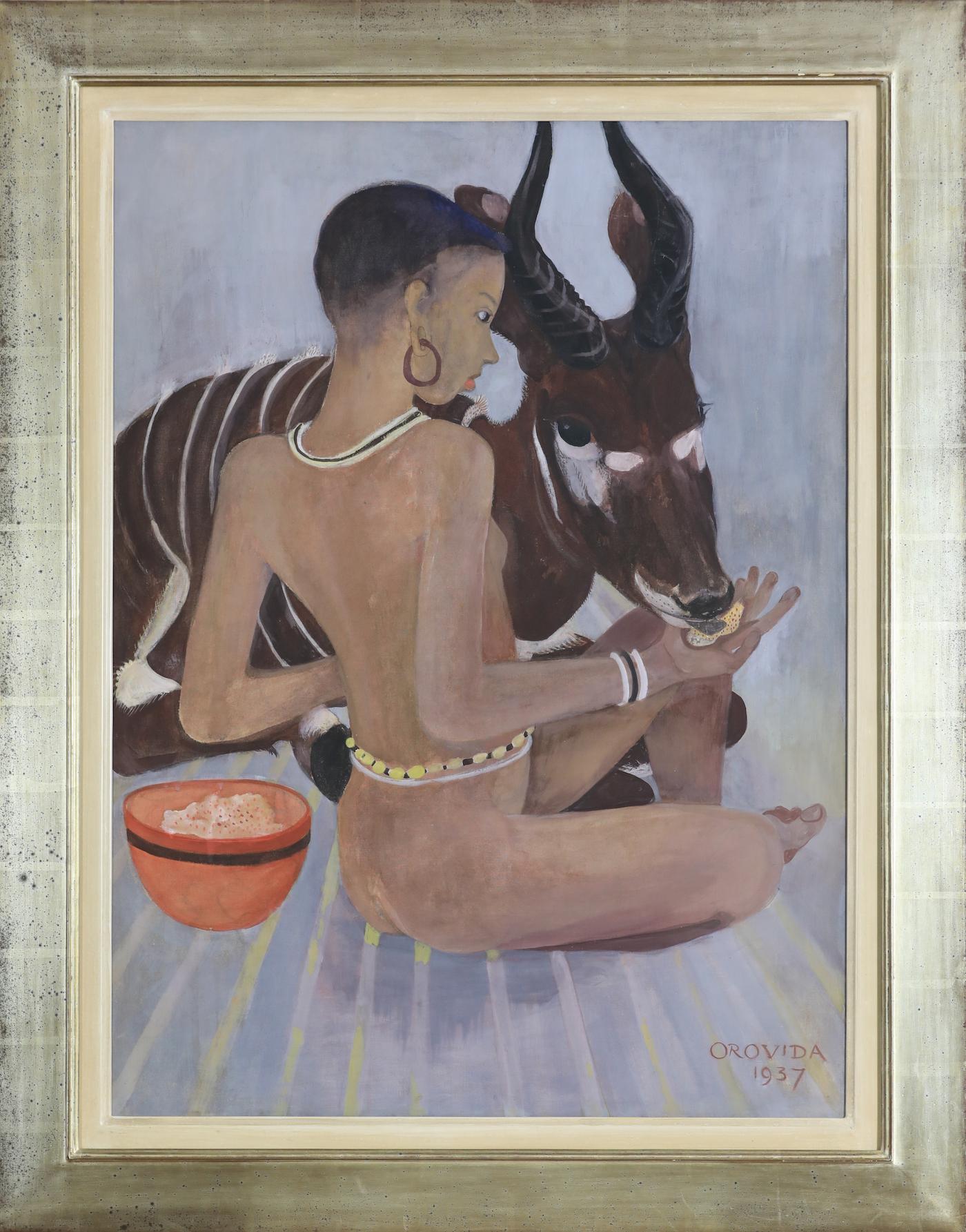 Dinka with a Bongo par Orovida Pissarro - Peinture d'animaux en vente 1