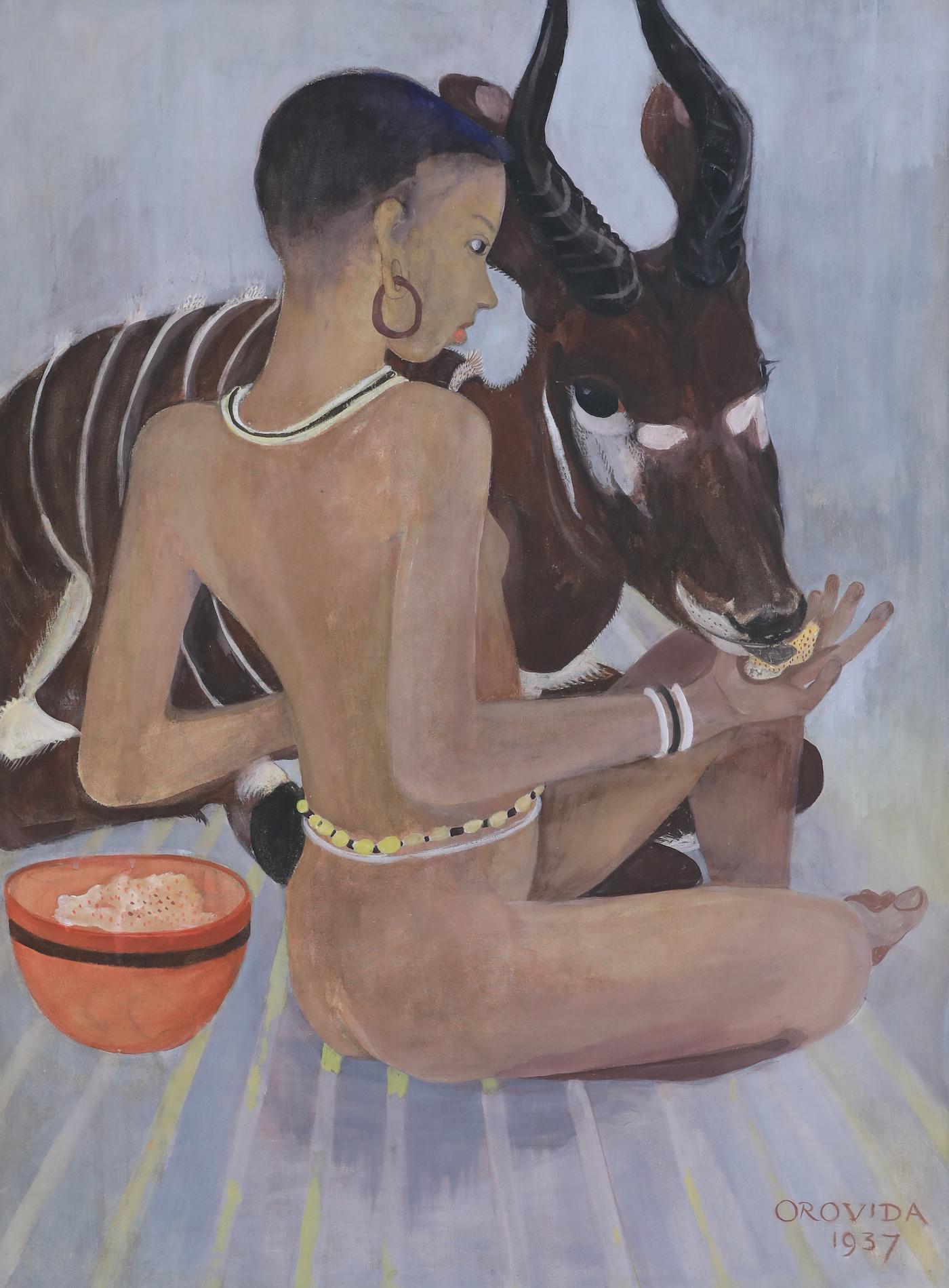 Dinka with a Bongo par Orovida Pissarro - Peinture d'animaux