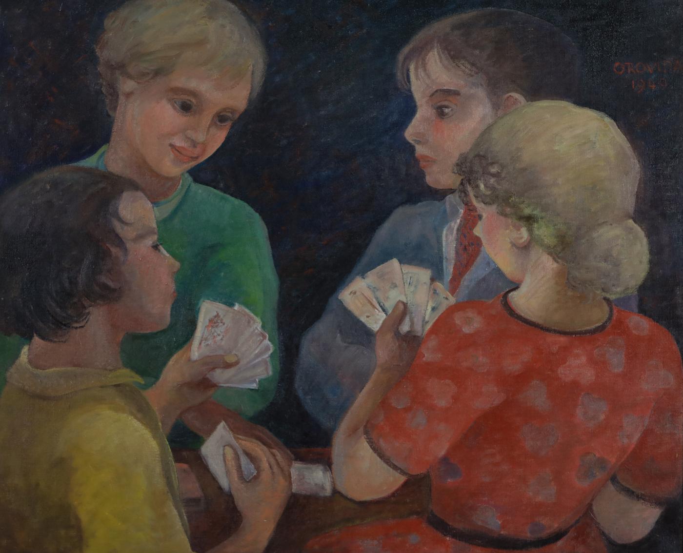 Ein Kartenspiel von Orovida Pissarro (1893-1968)
Öl auf Leinwand
59 x 72 cm (23 ¹/₄ x 28 ³/₈ Zoll)
Signiert und betitelt oben rechts Orovida 1949

Biographie des Künstlers
Orovida Camille Pissarro, das einzige Kind von Lucien und Esther Pissarro,