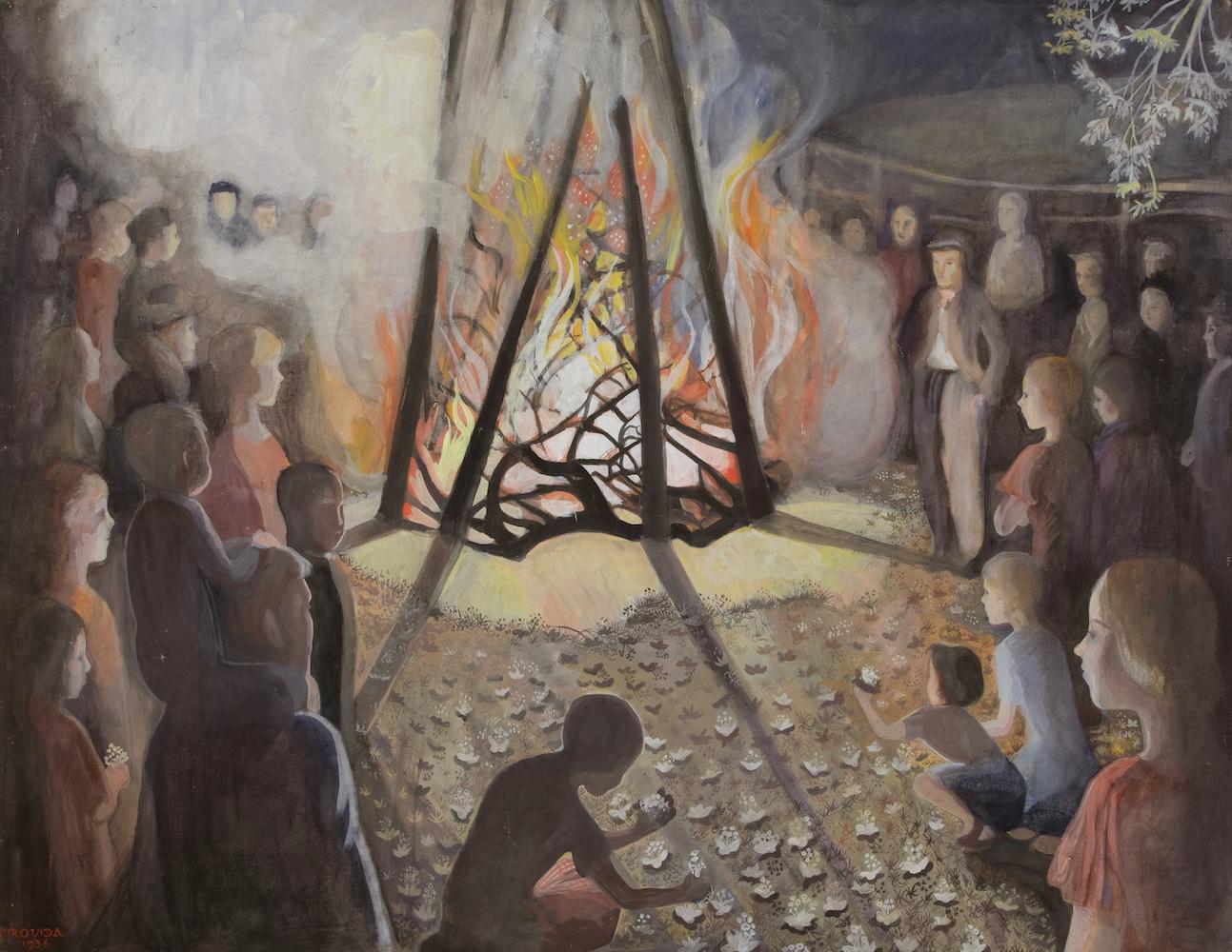 Bonfire, Jubilee Night d'Orovida Pissarro - peinture œuf tempura, 1936