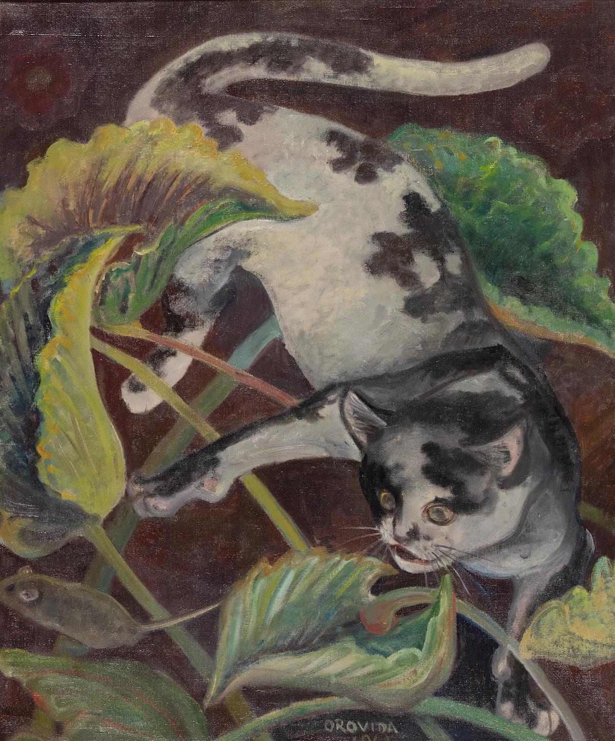 Cat and Mouse by Orovida Pissarro (1893-1968)
Oil on canvas
61 x 51 cm (24 x 20 ⅛ inches)
Signed and dated lower centre Orovida 1948, altered by the artist in 1966

Provenance
Royal Academy, London, 1966, no. 729
GV Kibblewhite, Southsea, Hampshire,