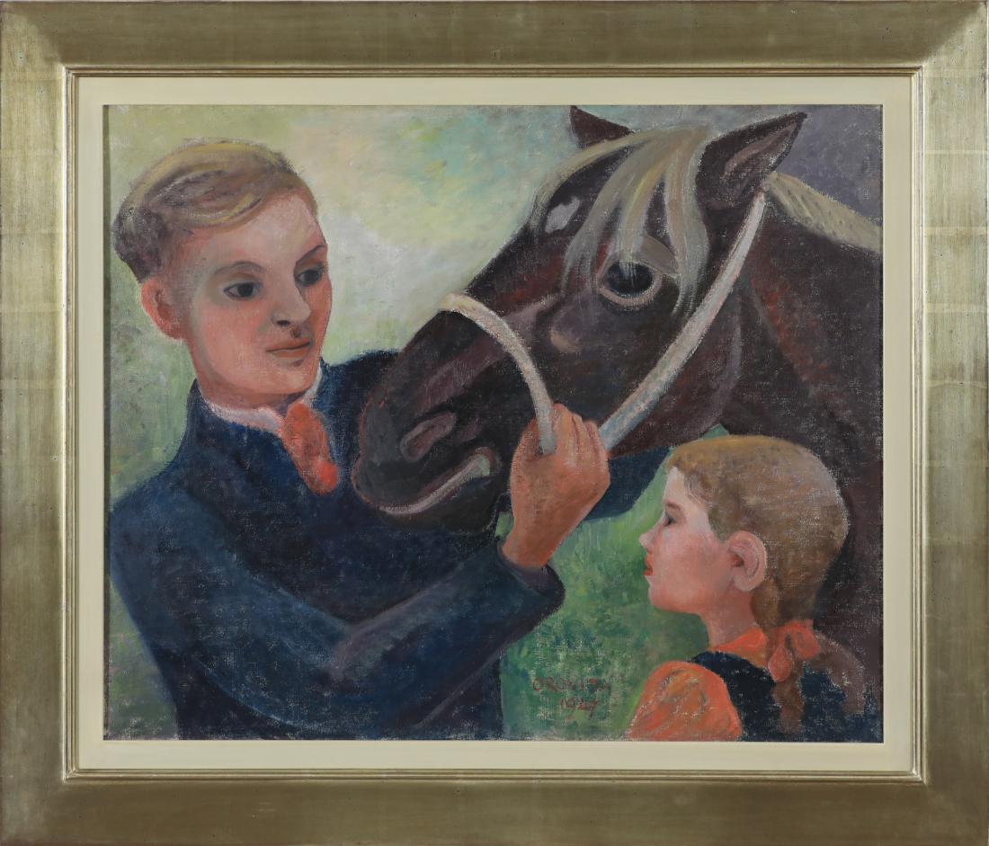 Padre, hija y caballo de Orovida Pissarro - Pintura al óleo en venta 1