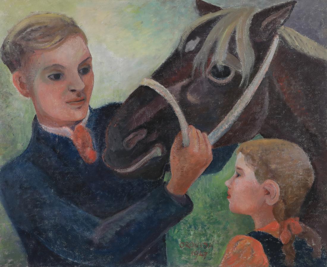 Vater, Tochter und Pferd von Orovida Pissarro – Ölgemälde