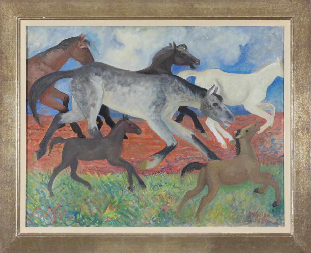 *UK BUYERS WILL PAY AN ADDITIONAL 20% VAT ON TOP OF THE ABOVE PRICE

Migrating horses by Orovida Pissarro (1893-1968)
Oil on canvas
71.1 x 81.4 cm (28 x 32 inches)
Signed and dated lower right Orovida 1959

Provenance
Estate of Orovida