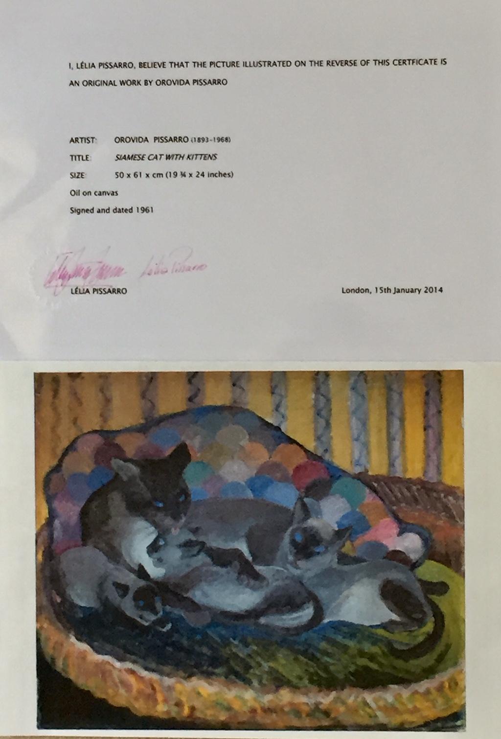 Siamese cat + kittens, oil on canvas 1961, by Orovida Pissarro, + authentication For Sale 1