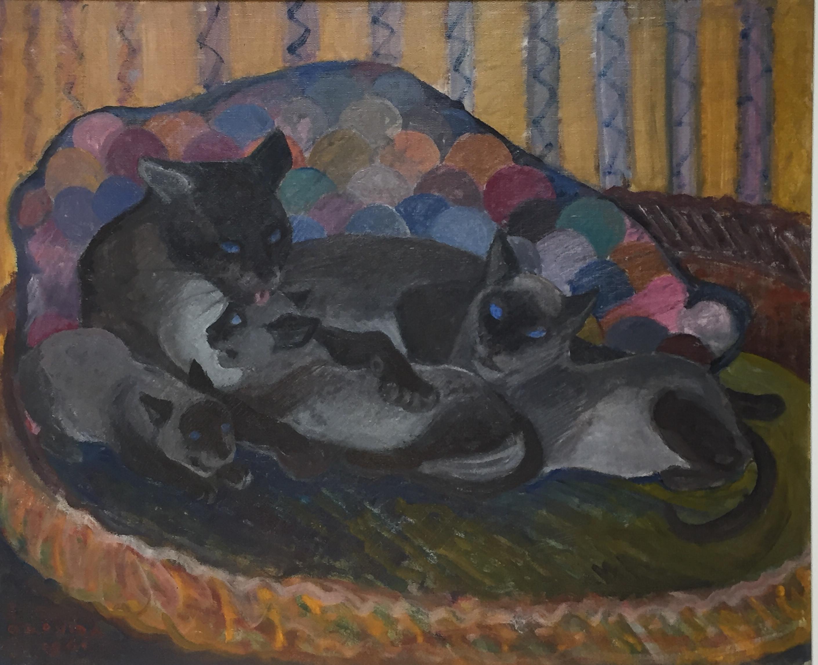 This beautiful oil painting of a Siamese cat with her three kittens by Orovida Pissarro is signed and dated 1961, and has been authenticated by Lélia Pissarro; the certificate (see image) is embossed with the Company's stamp "Pissarro Stern