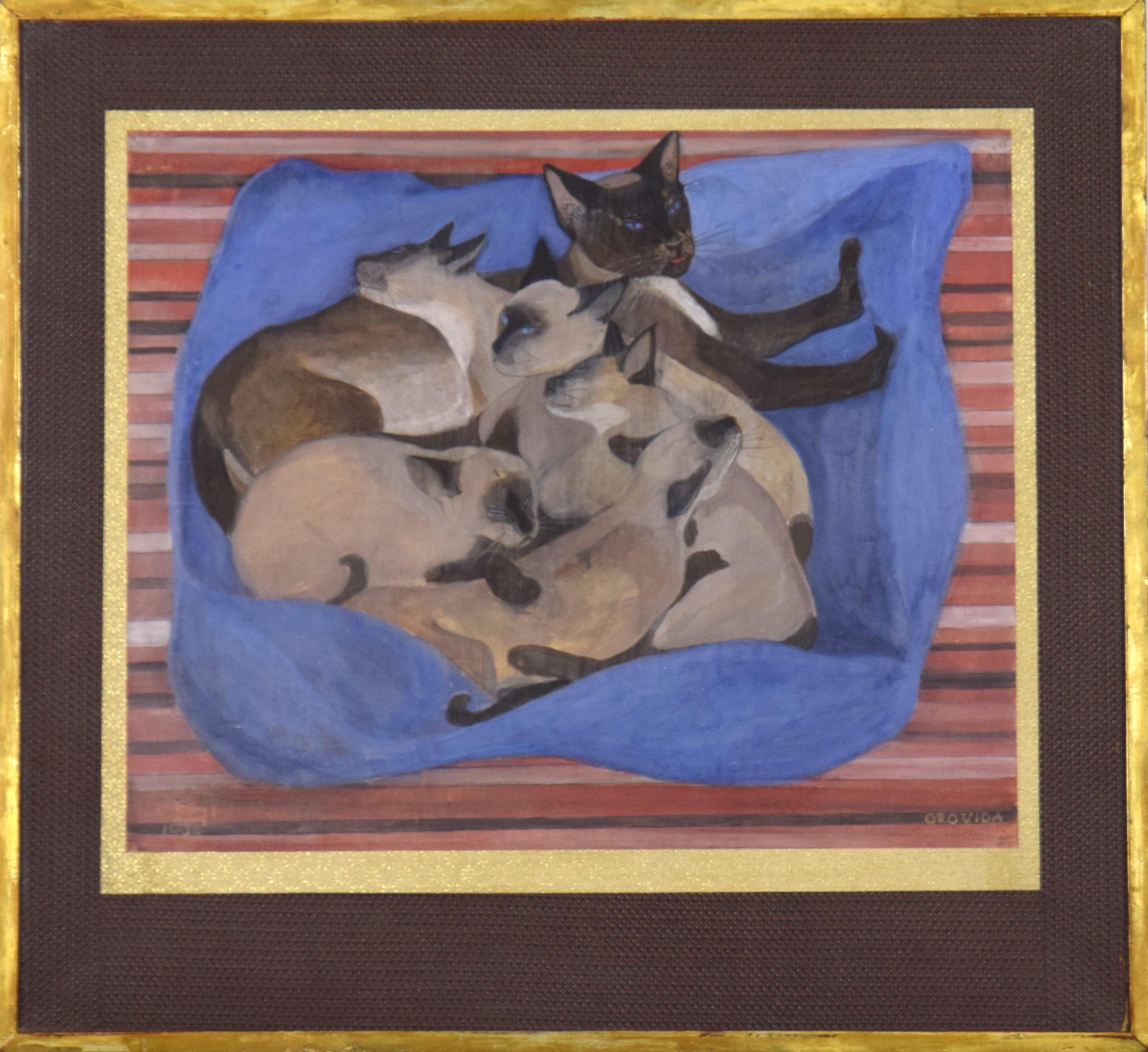 Siamese Katze mit Kitten von Orovida Pissarro – Ei tempura-Gemälde im Angebot 1