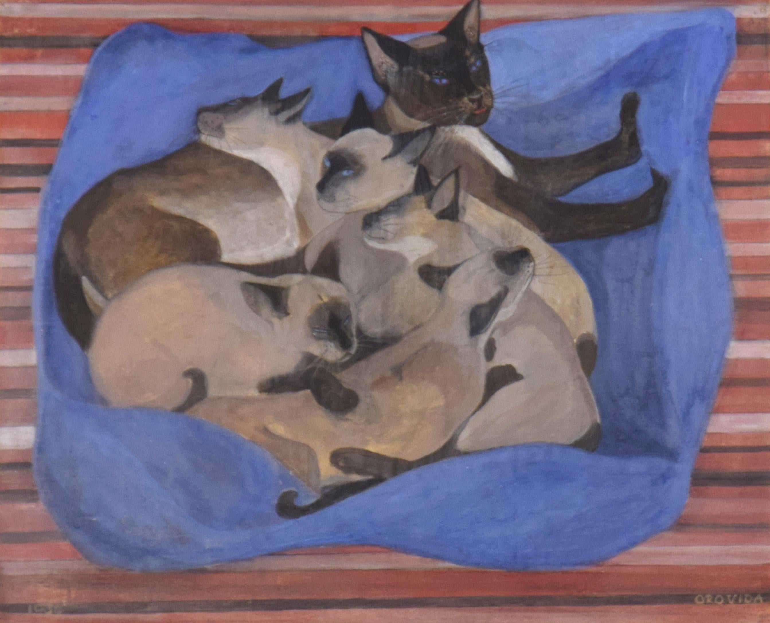 Siamesische Katze mit Kätzchen von Orovida Pissarro (1893-1968)
Eitempera auf Leinen
39 x 48 cm (15³/₈ x 18⁷/₈ Zoll)
Signiert unten rechts Orovida und datiert unten links 1934

Provenienz
J Ankri, 8. Oktober 1967

Literatur
K. L. Erickson, Orovida